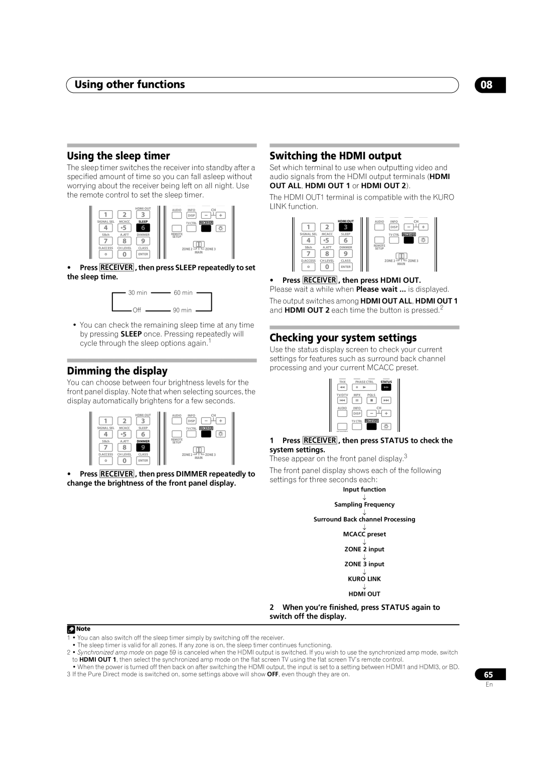 Pioneer VSX-LX52 manual Using other functions Using the sleep timer, Dimming the display, Switching the Hdmi output 