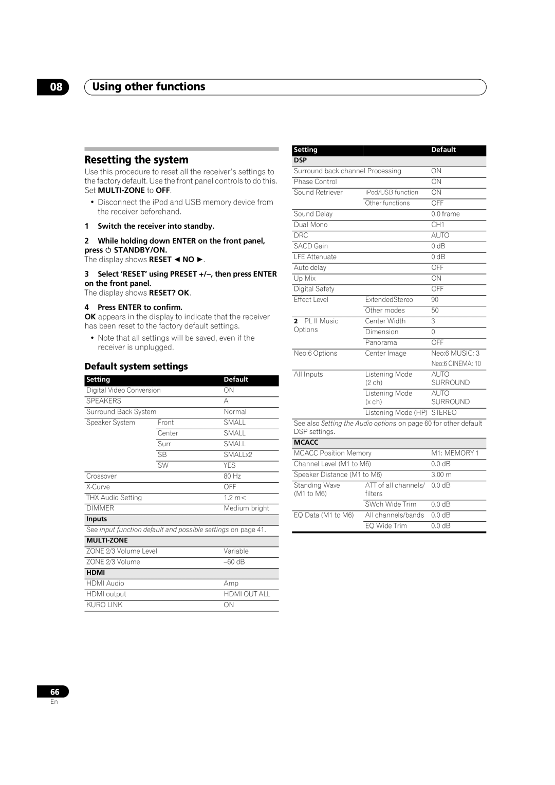 Pioneer VSX-LX52 Using other functions Resetting the system, Default system settings, Display shows Reset  no , Inputs 