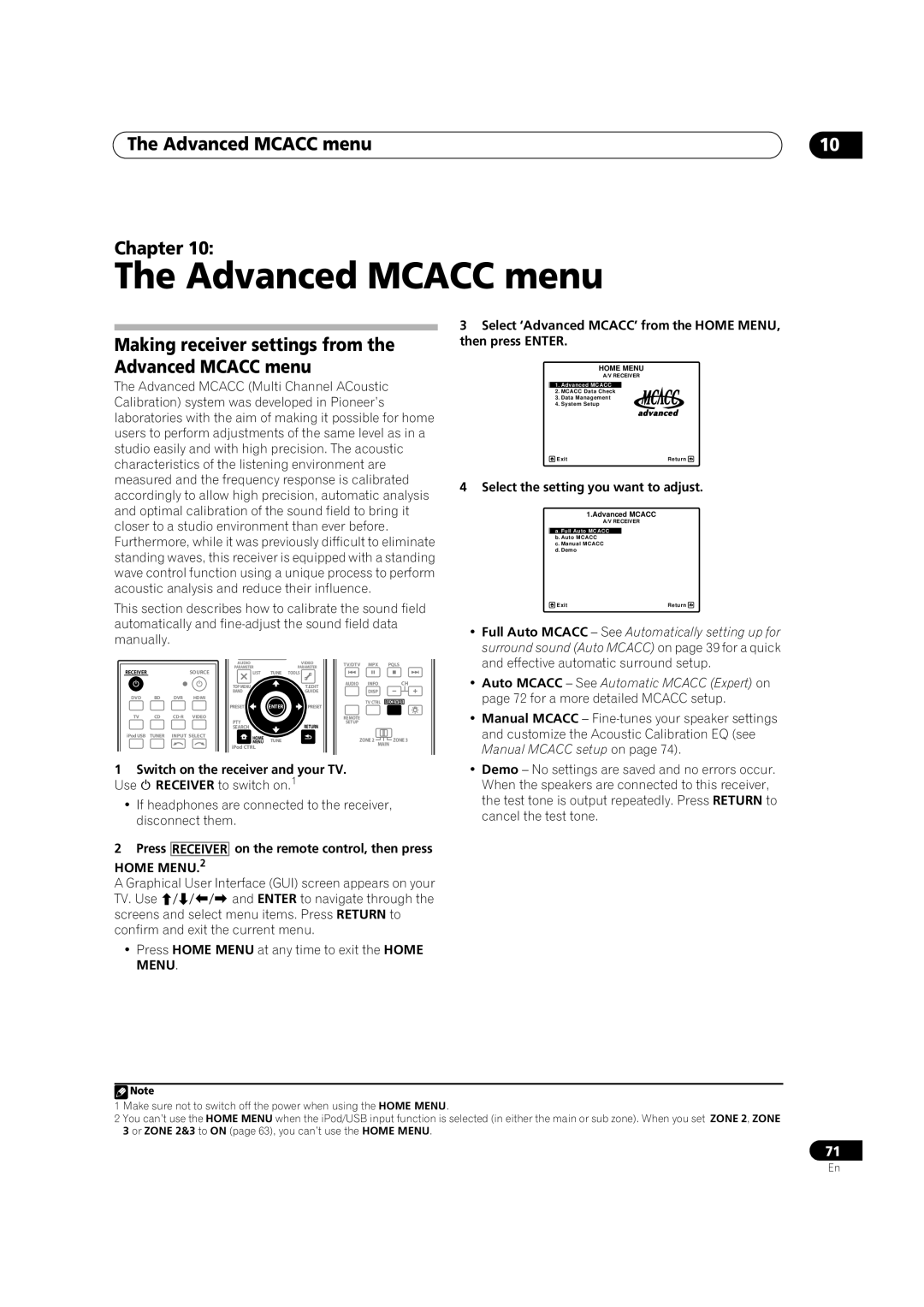 Pioneer VSX-LX52 manual Advanced Mcacc menu Chapter, Making receiver settings from the Advanced Mcacc menu, Home MENU.2 