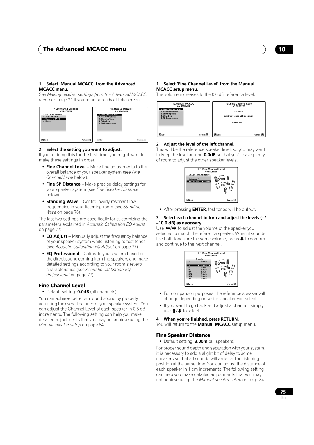 Pioneer VSX-LX52 manual Fine Channel Level, Fine Speaker Distance, Select ‘Manual MCACC’ from the Advanced Mcacc menu 