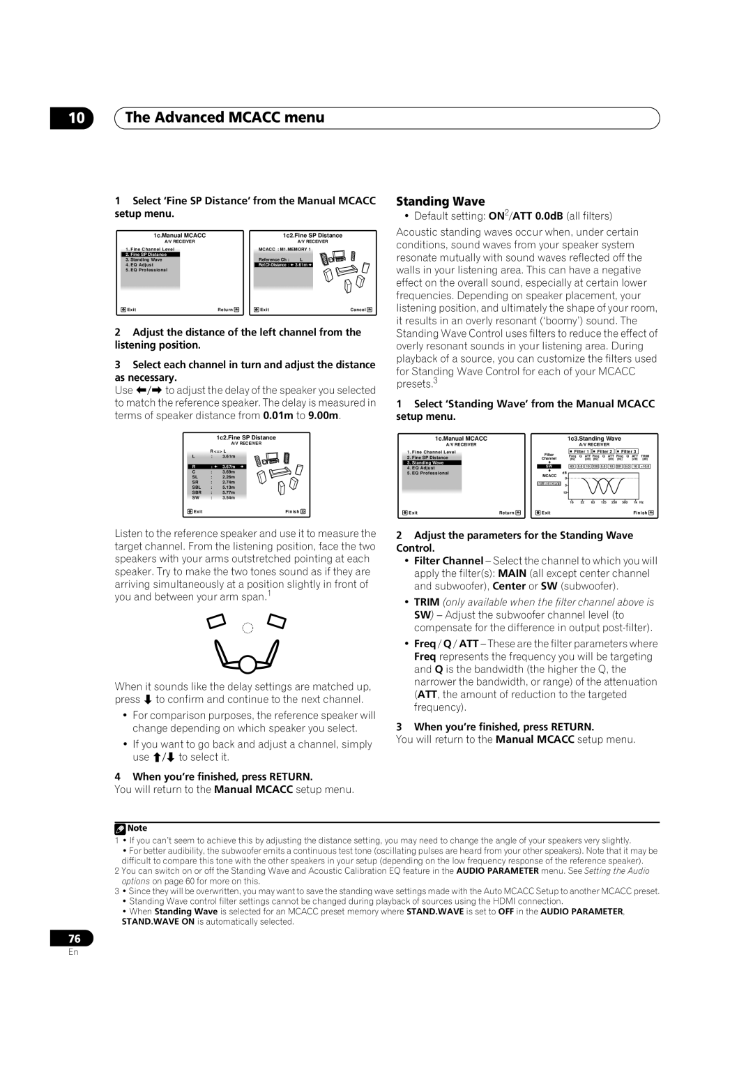 Pioneer VSX-LX52 manual Standing Wave, Select ‘Fine SP Distance’ from the Manual Mcacc setup menu, As necessary 