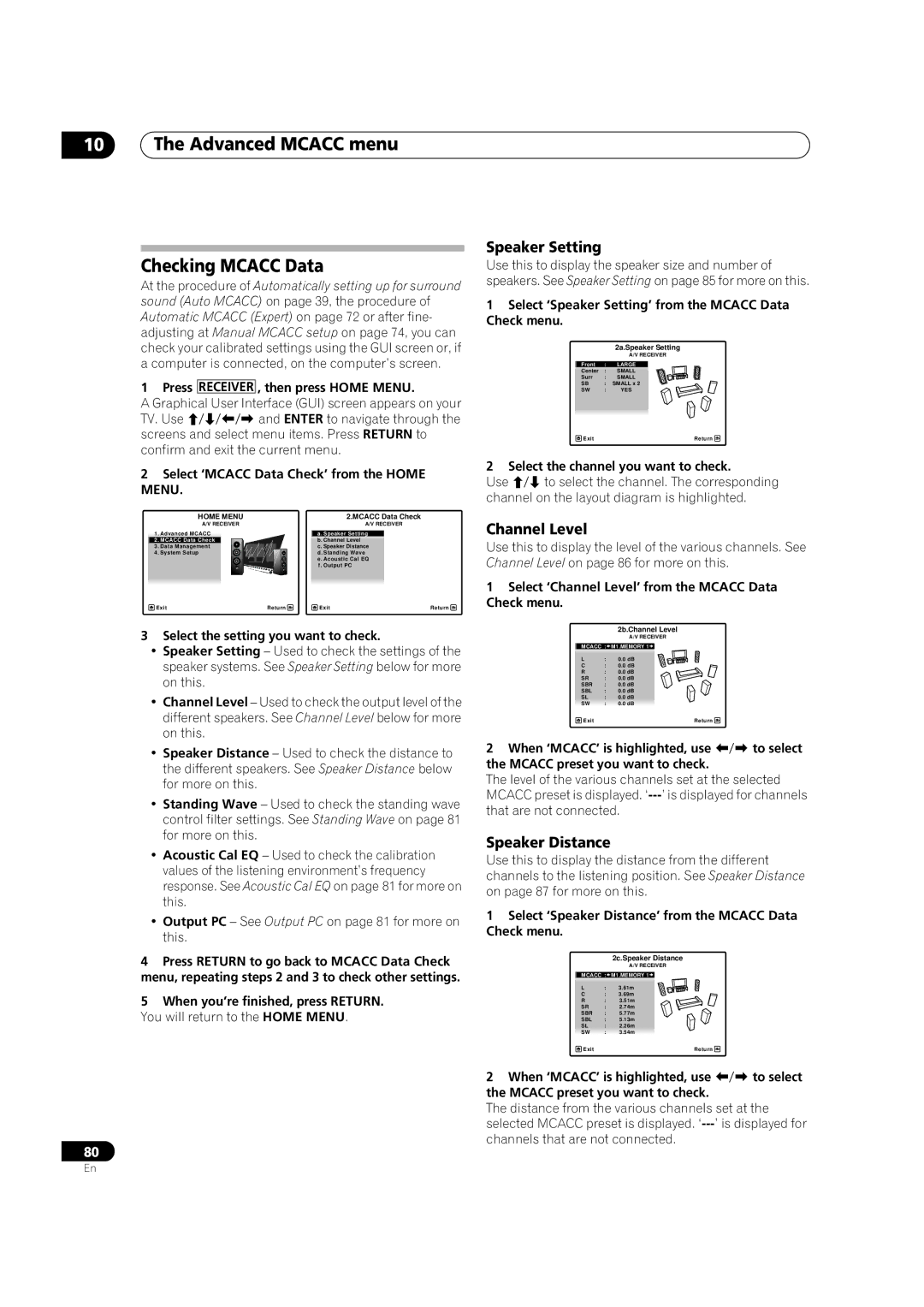 Pioneer VSX-LX52 manual Advanced Mcacc menu Checking Mcacc Data, Speaker Setting, Channel Level, Speaker Distance 