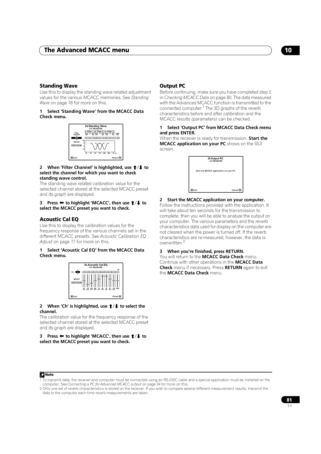 Pioneer VSX-LX52 manual Acoustic Cal EQ, Output PC, Select ‘Standing Wave’ from the Mcacc Data Check menu 