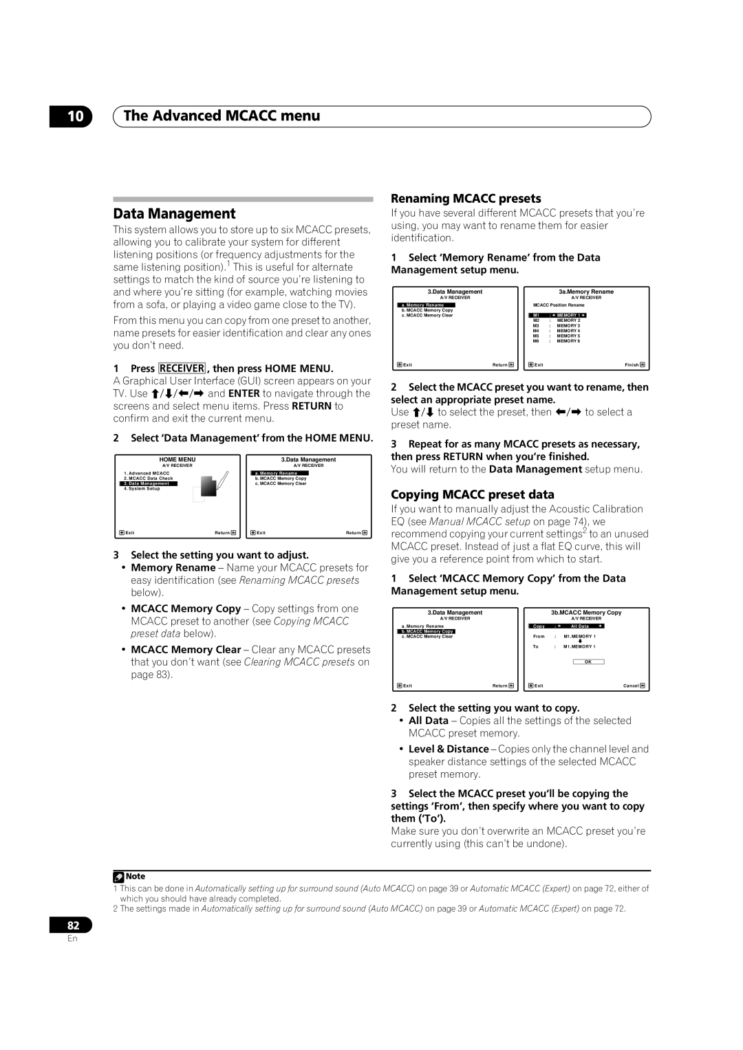 Pioneer VSX-LX52 manual Advanced Mcacc menu Data Management, Renaming Mcacc presets, Copying Mcacc preset data 