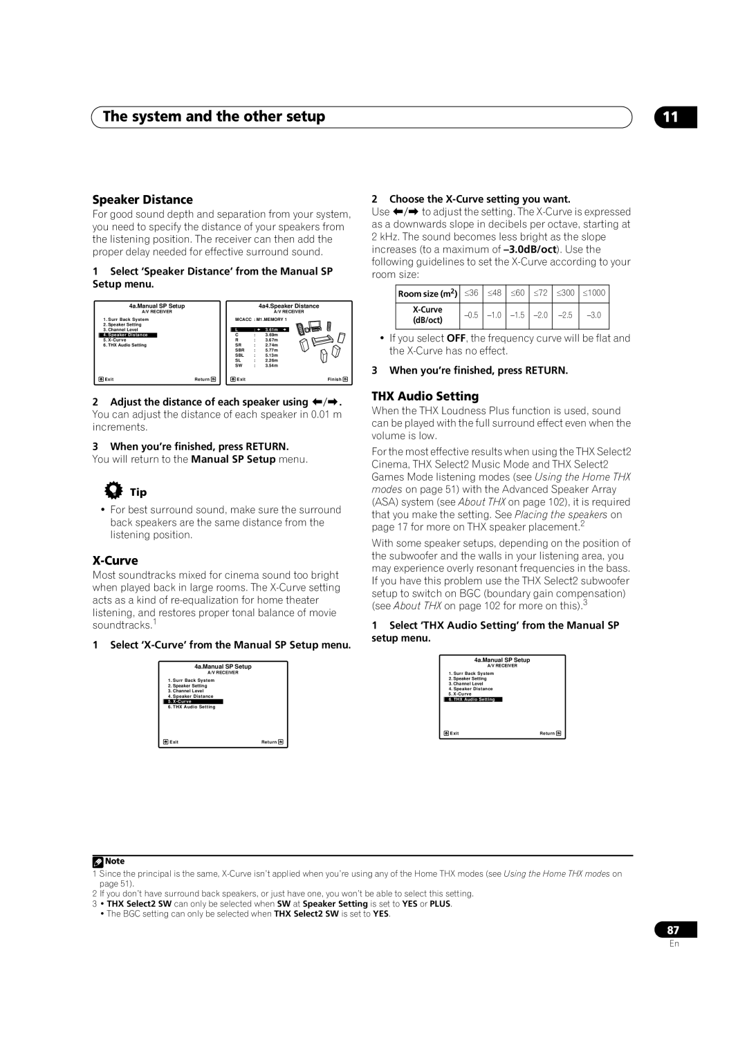 Pioneer VSX-LX52 manual Curve, THX Audio Setting, Select ‘Speaker Distance’ from the Manual SP Setup menu 