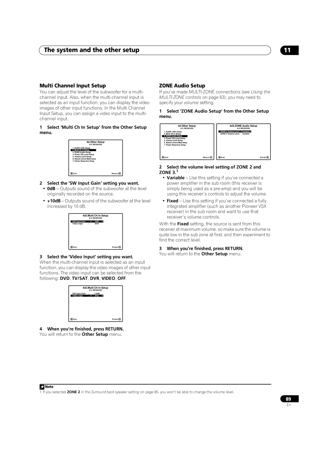 Pioneer VSX-LX52 manual Multi Channel Input Setup, Zone Audio Setup 