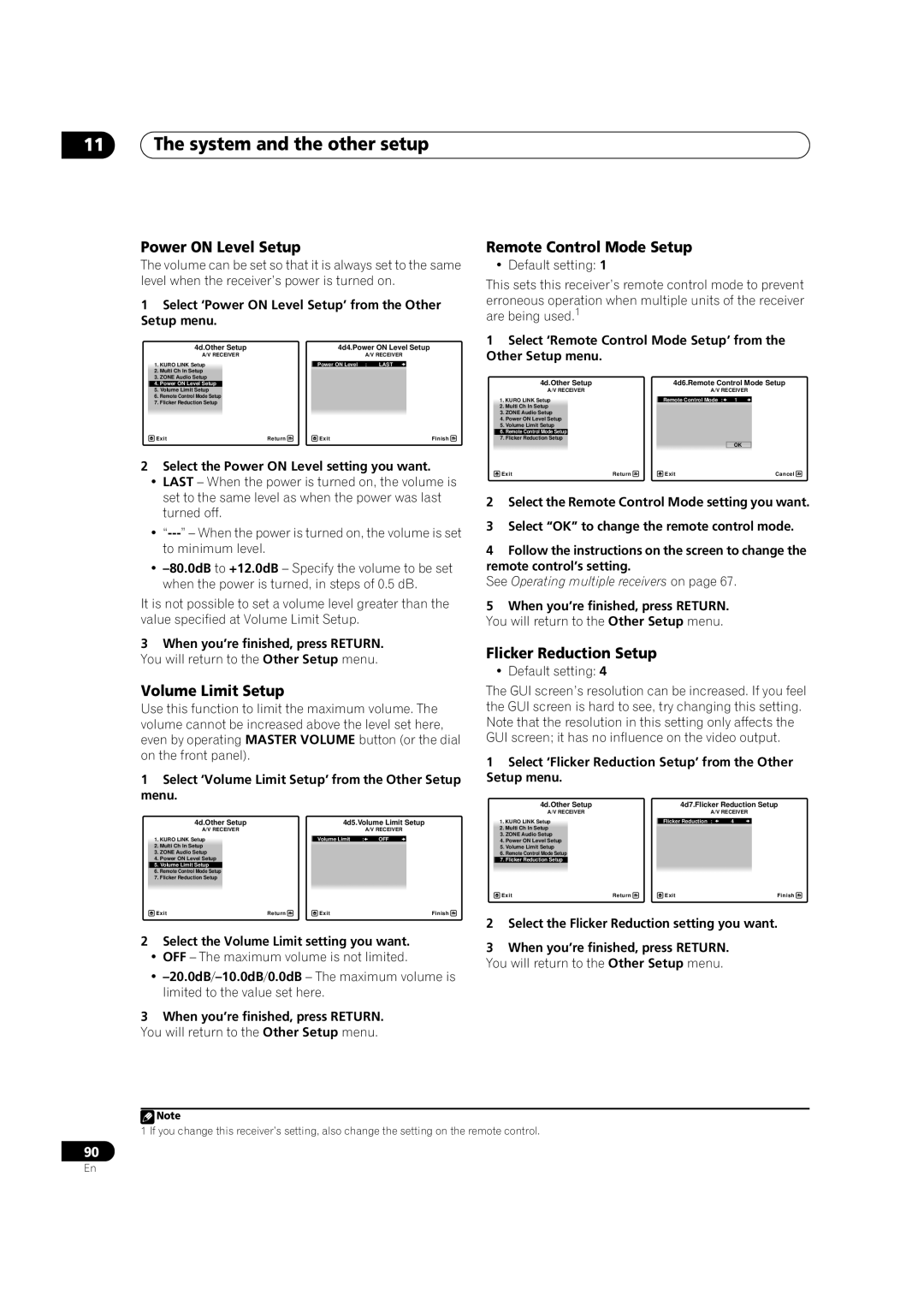 Pioneer VSX-LX52 manual Power on Level Setup, Volume Limit Setup, Remote Control Mode Setup, Flicker Reduction Setup 