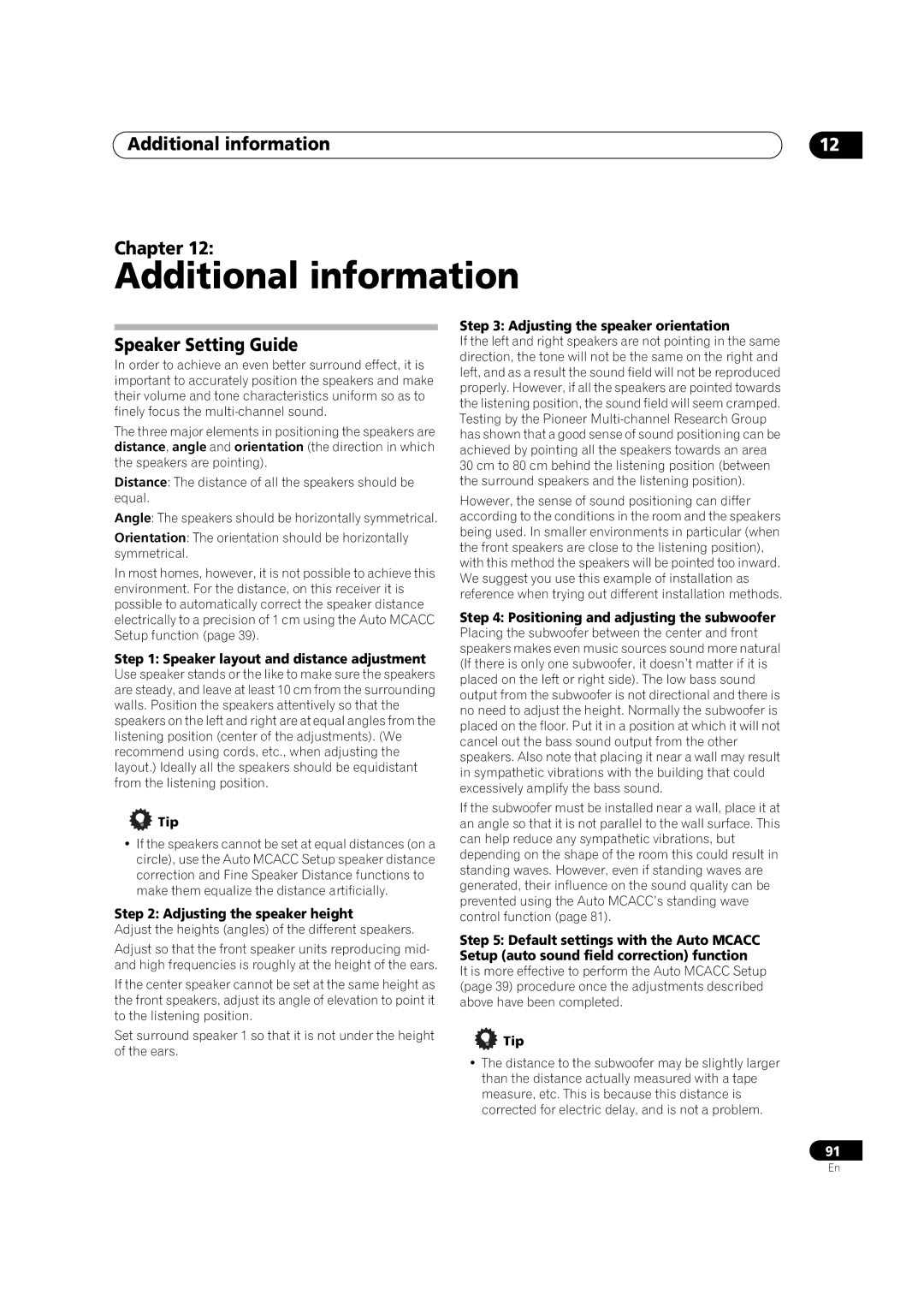 Pioneer VSX-LX52 manual Additional information Chapter, Speaker Setting Guide 