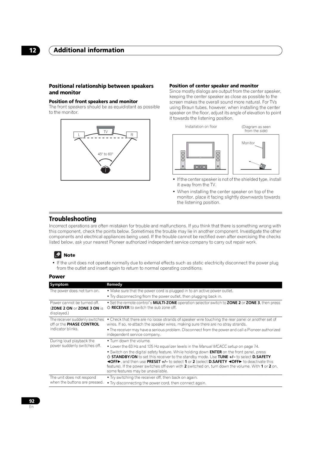 Pioneer VSX-LX52 Additional information, Troubleshooting, Positional relationship between speakers and monitor, Power 