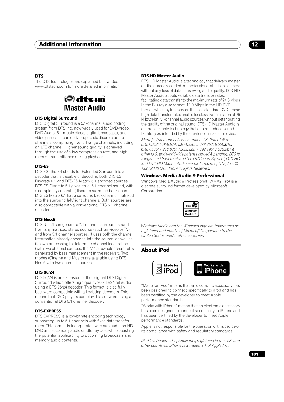 Pioneer VSX-LX52 manual About iPod, Windows Media Audio 9 Professional, DTS Digital Surround, Dts-Es, DTS-HDMaster Audio 