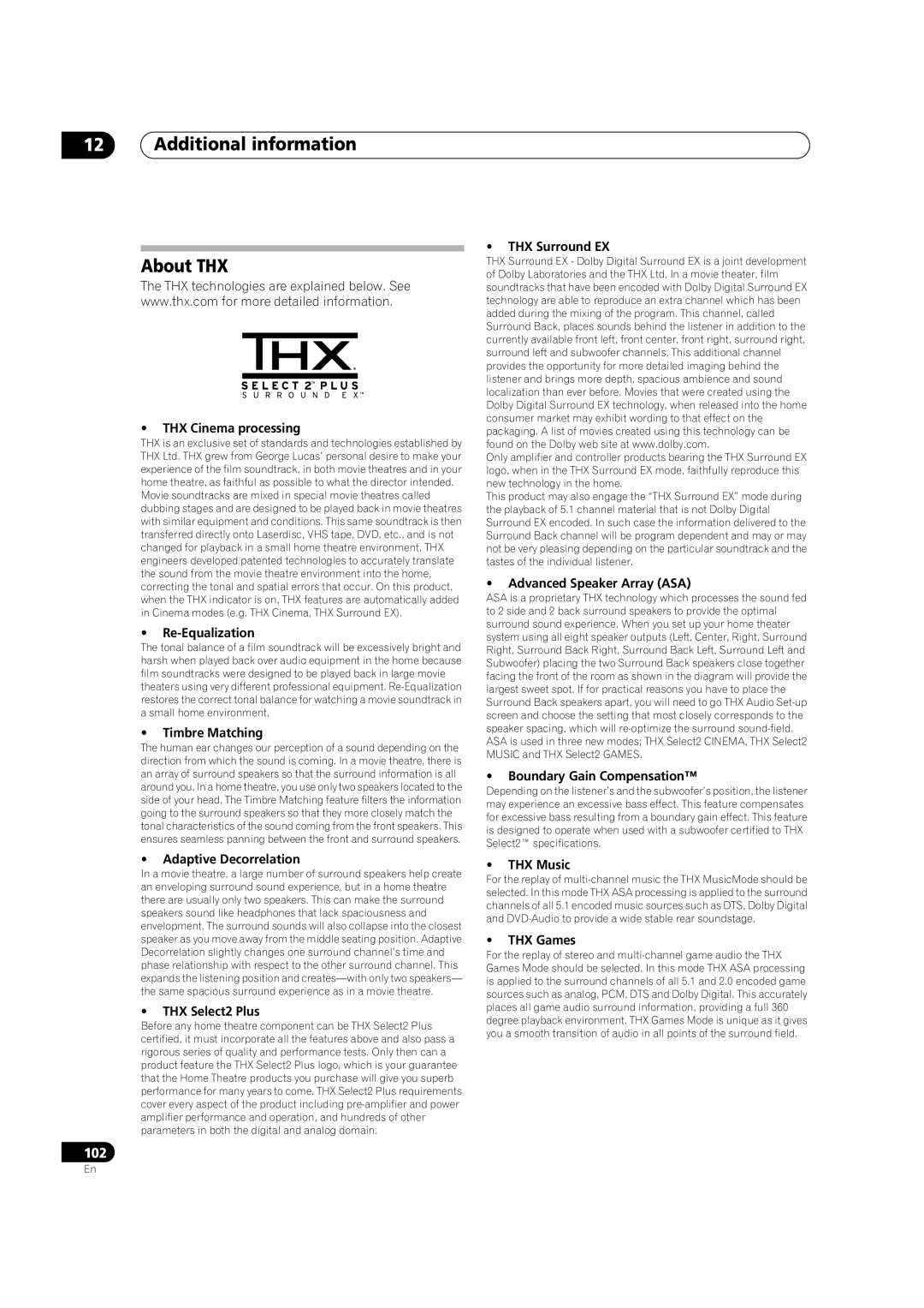 Pioneer VSX-LX52 manual 12Additional information About THX 
