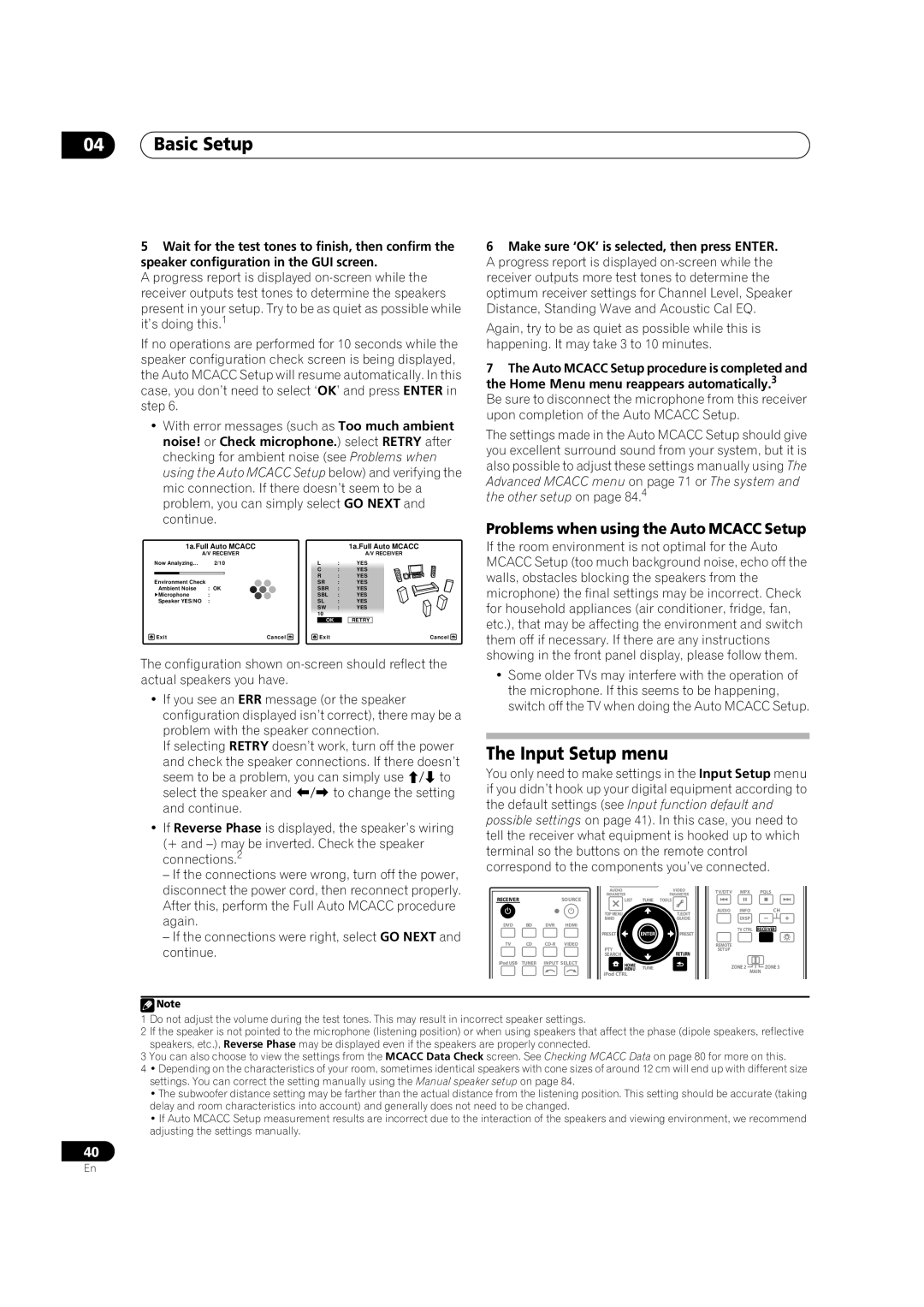Pioneer VSX-LX52 manual 04Basic Setup, The Input Setup menu, Problems when using the Auto MCACC Setup 