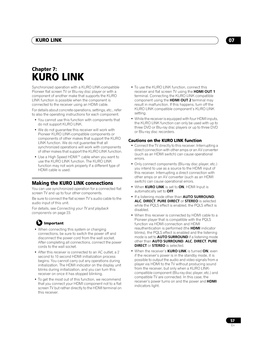 Pioneer VSX-LX52 manual Kuro Link, KURO LINK Chapter, Making the KURO LINK connections, Cautions on the KURO LINK function 