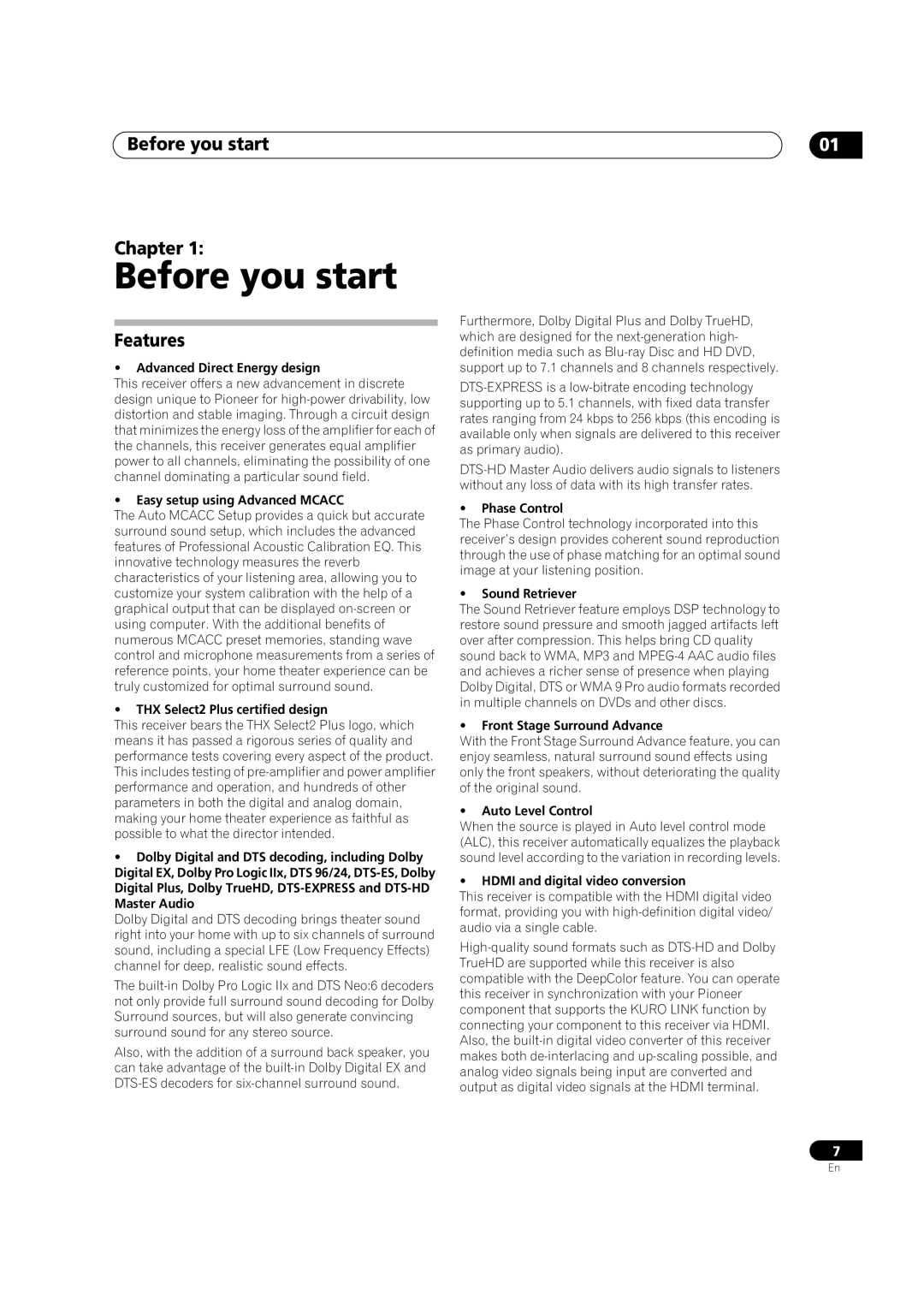 Pioneer VSX-LX52 manual Before you start Chapter, Features 