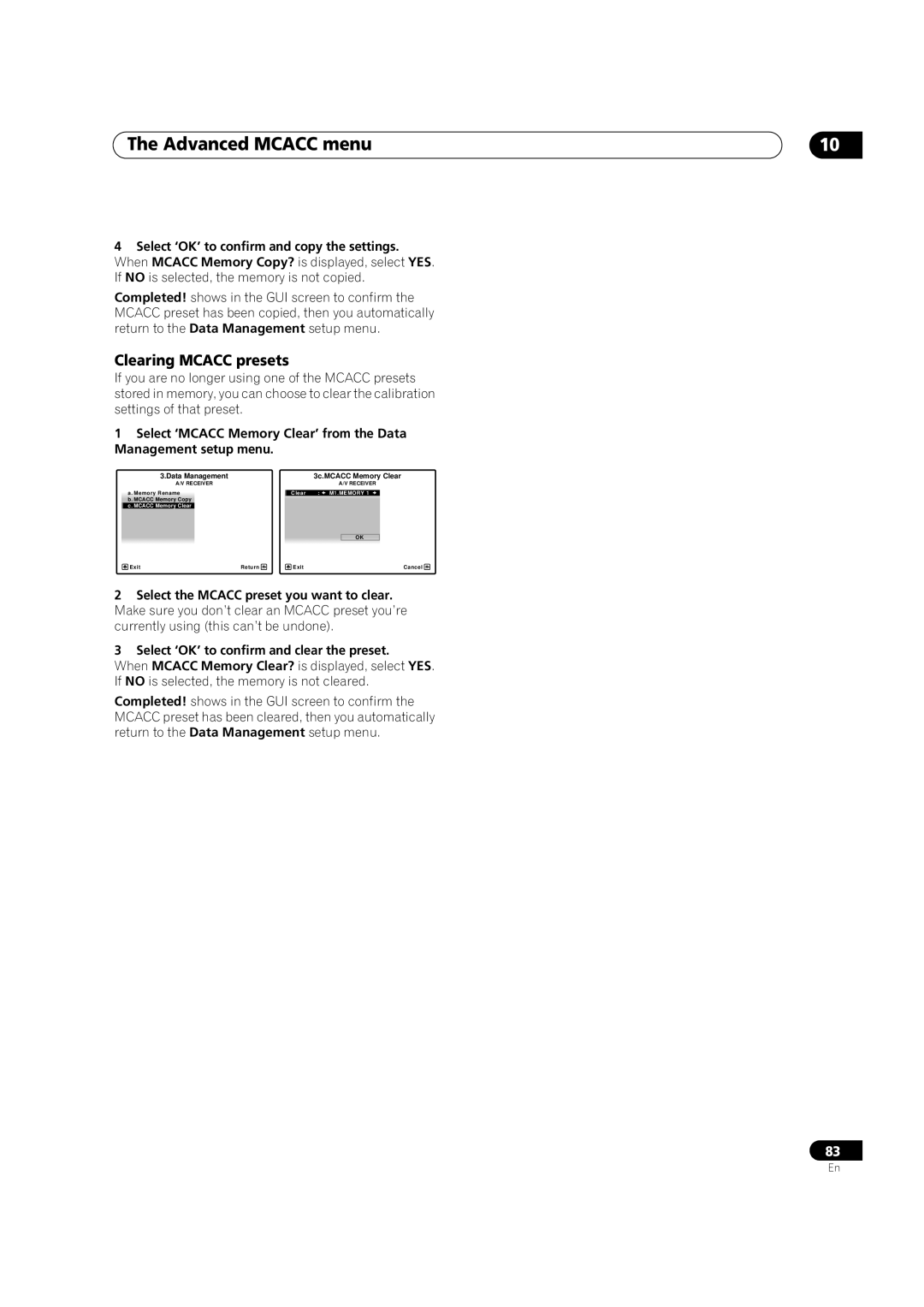 Pioneer VSX-LX52 manual Clearing MCACC presets, The Advanced MCACC menu 