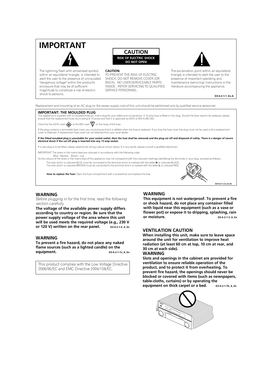 Pioneer VSX-LX60 operating instructions Important the Moulded Plug, Risk of Electric Shock Do not Open 