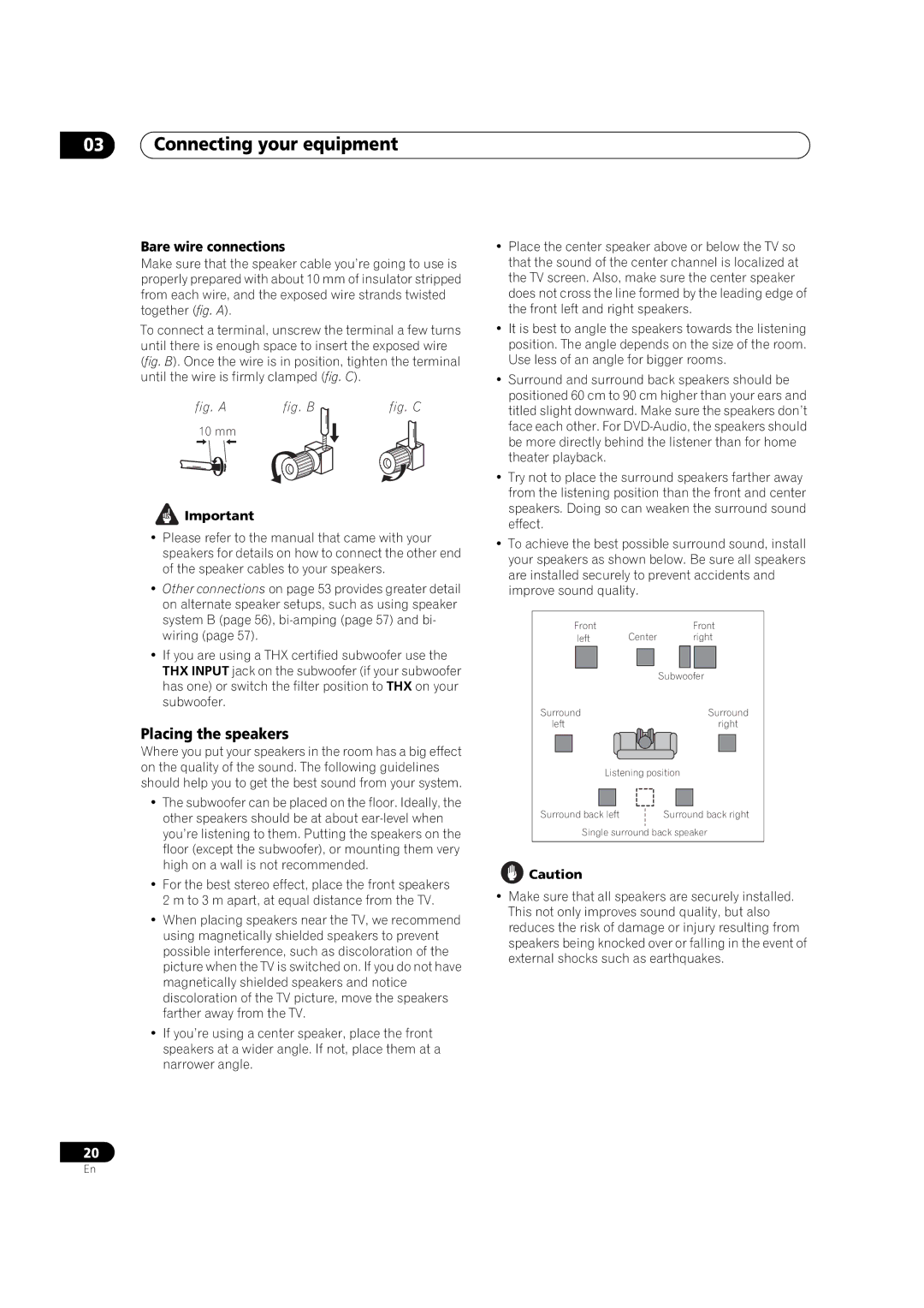 Pioneer VSX-LX60 operating instructions Placing the speakers, Bare wire connections 