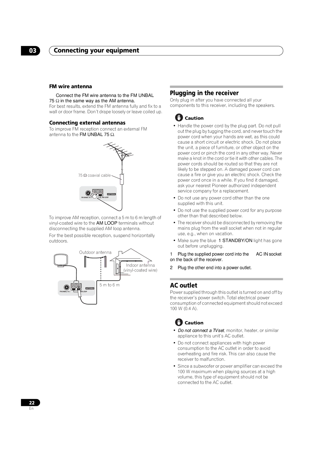 Pioneer VSX-LX60 operating instructions Plugging in the receiver, AC outlet, FM wire antenna, Connecting external antennas 