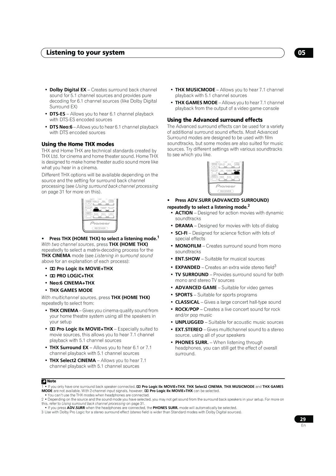 Pioneer VSX-LX60 Listening to your system, Using the Home THX modes, Using the Advanced surround effects, Pro Logic+Thx 