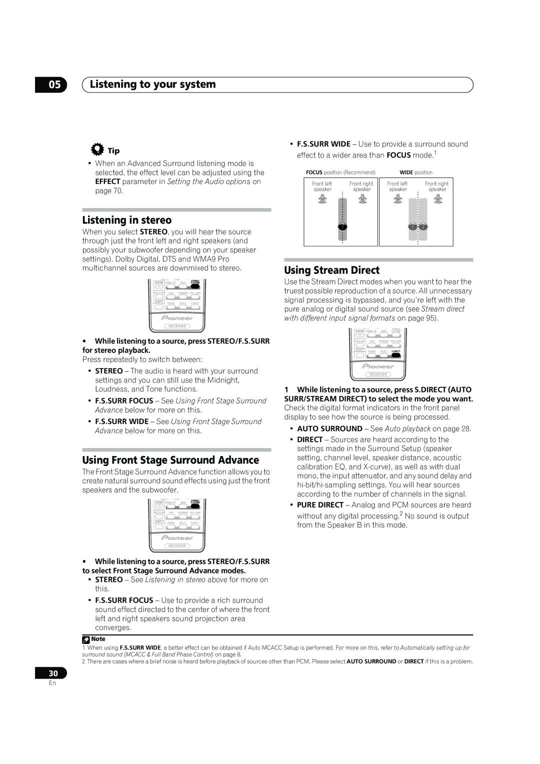 Pioneer VSX-LX60 operating instructions Listening in stereo, Using Front Stage Surround Advance, Using Stream Direct, Tip 