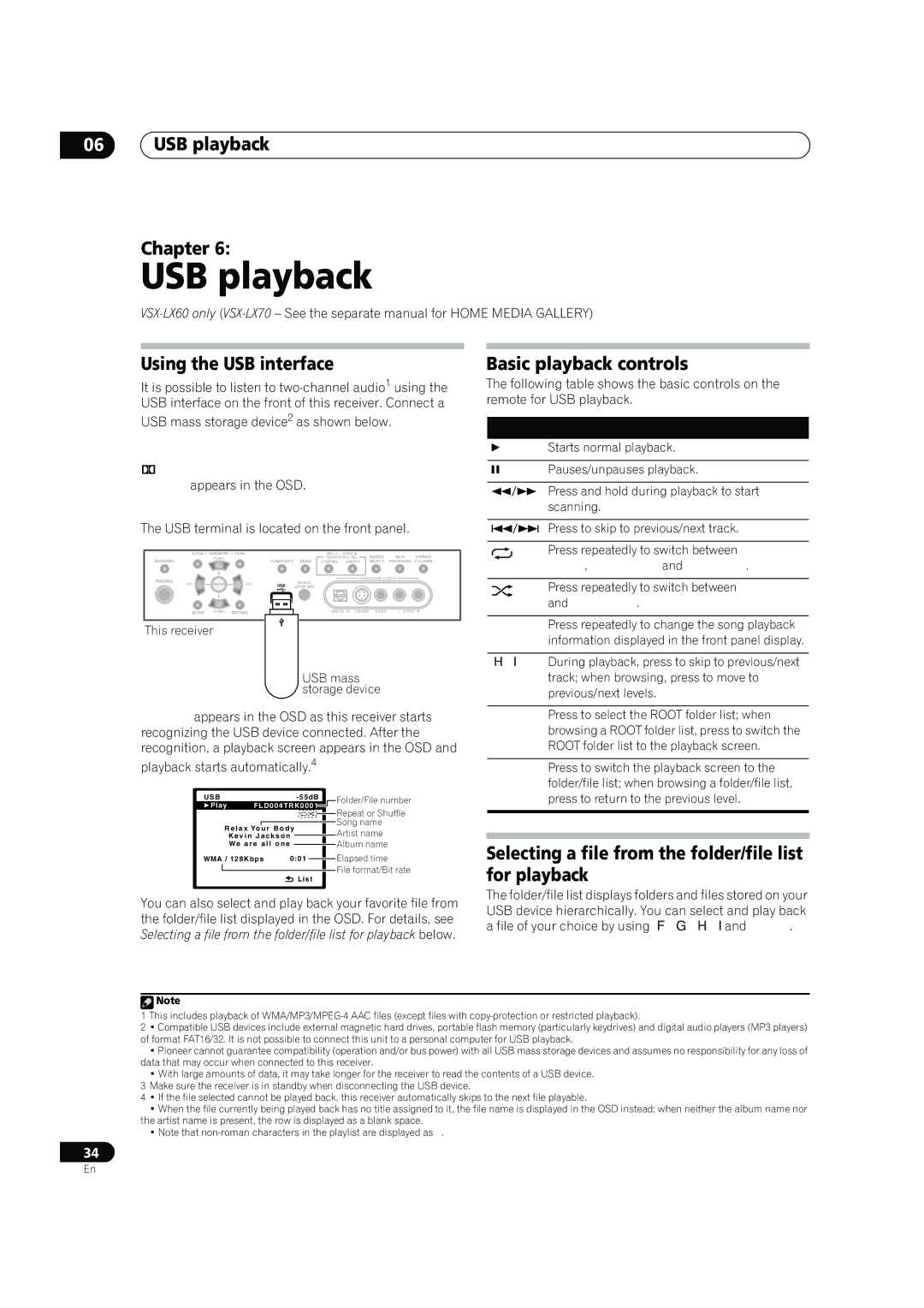 Pioneer VSX-LX60 operating instructions USB playback Chapter, Using the USB interface, Basic playback controls 