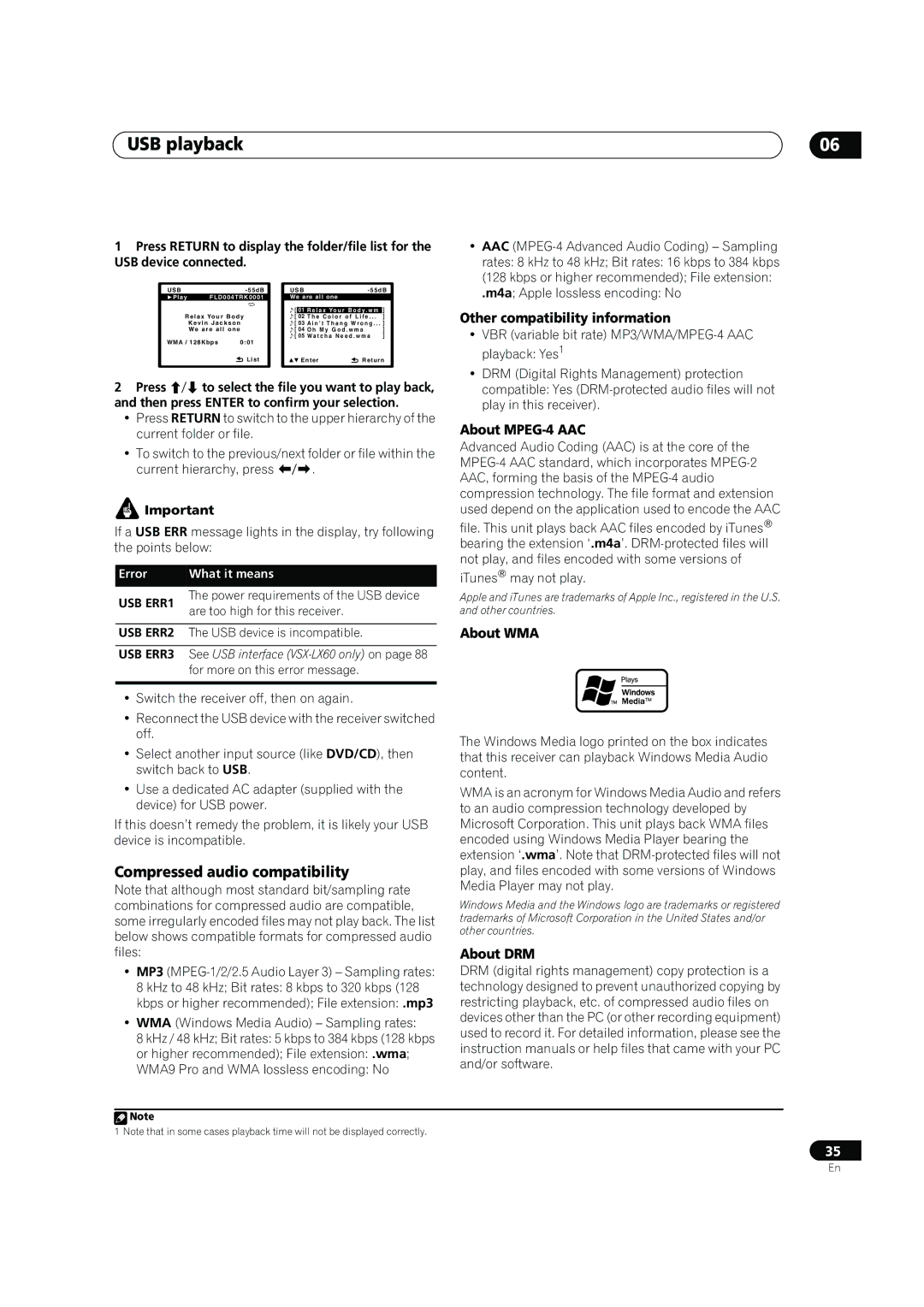 Pioneer VSX-LX60 operating instructions USB playback, Compressed audio compatibility 