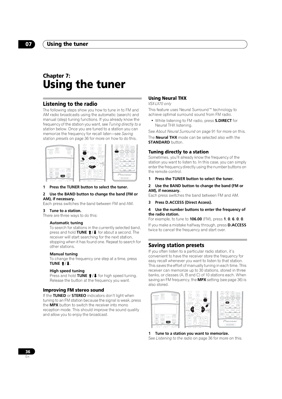 Pioneer VSX-LX60 operating instructions Using the tuner Chapter, Listening to the radio, Saving station presets 