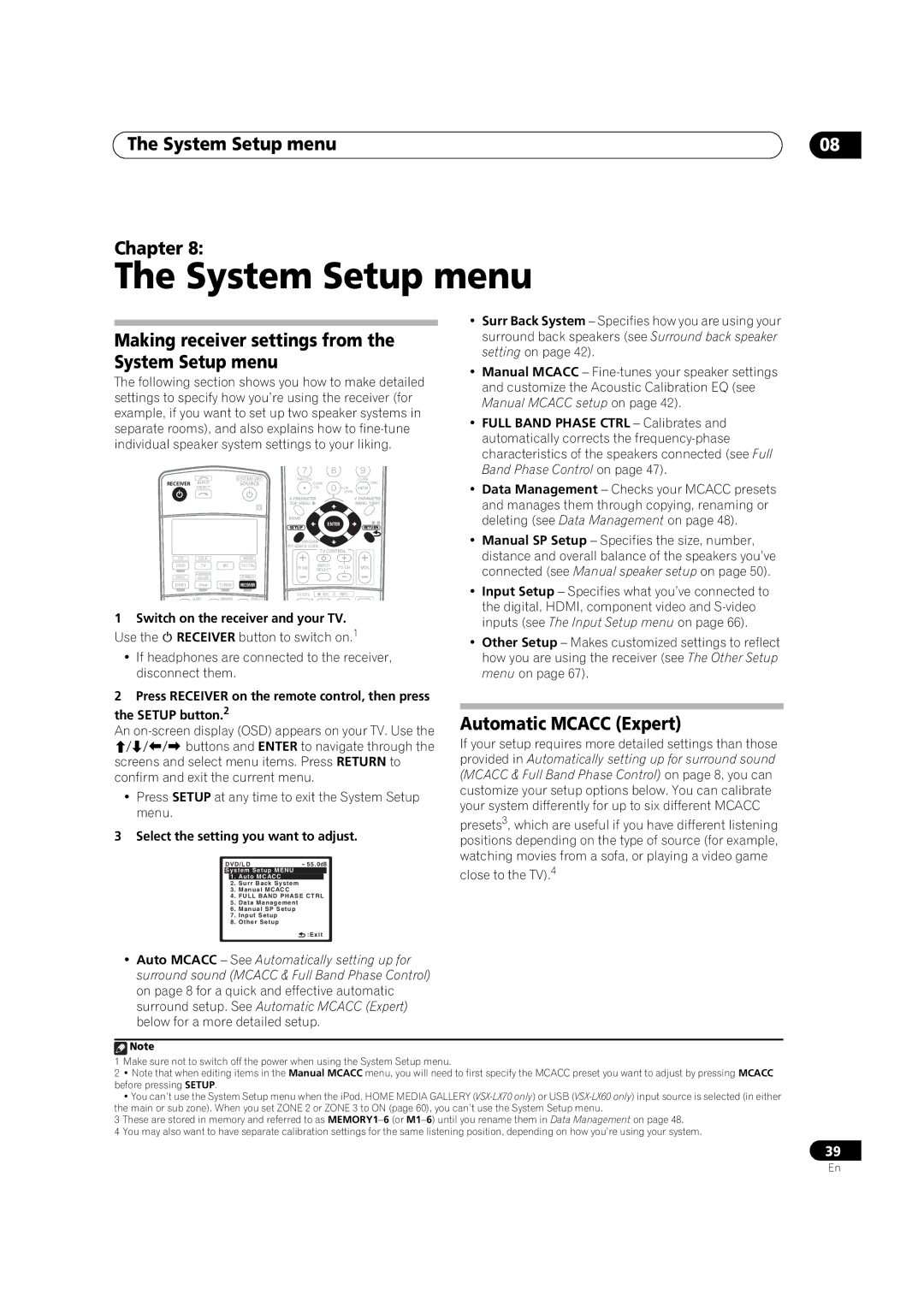 Pioneer VSX-LX60 operating instructions System Setup menu Chapter, Making receiver settings from the System Setup menu 