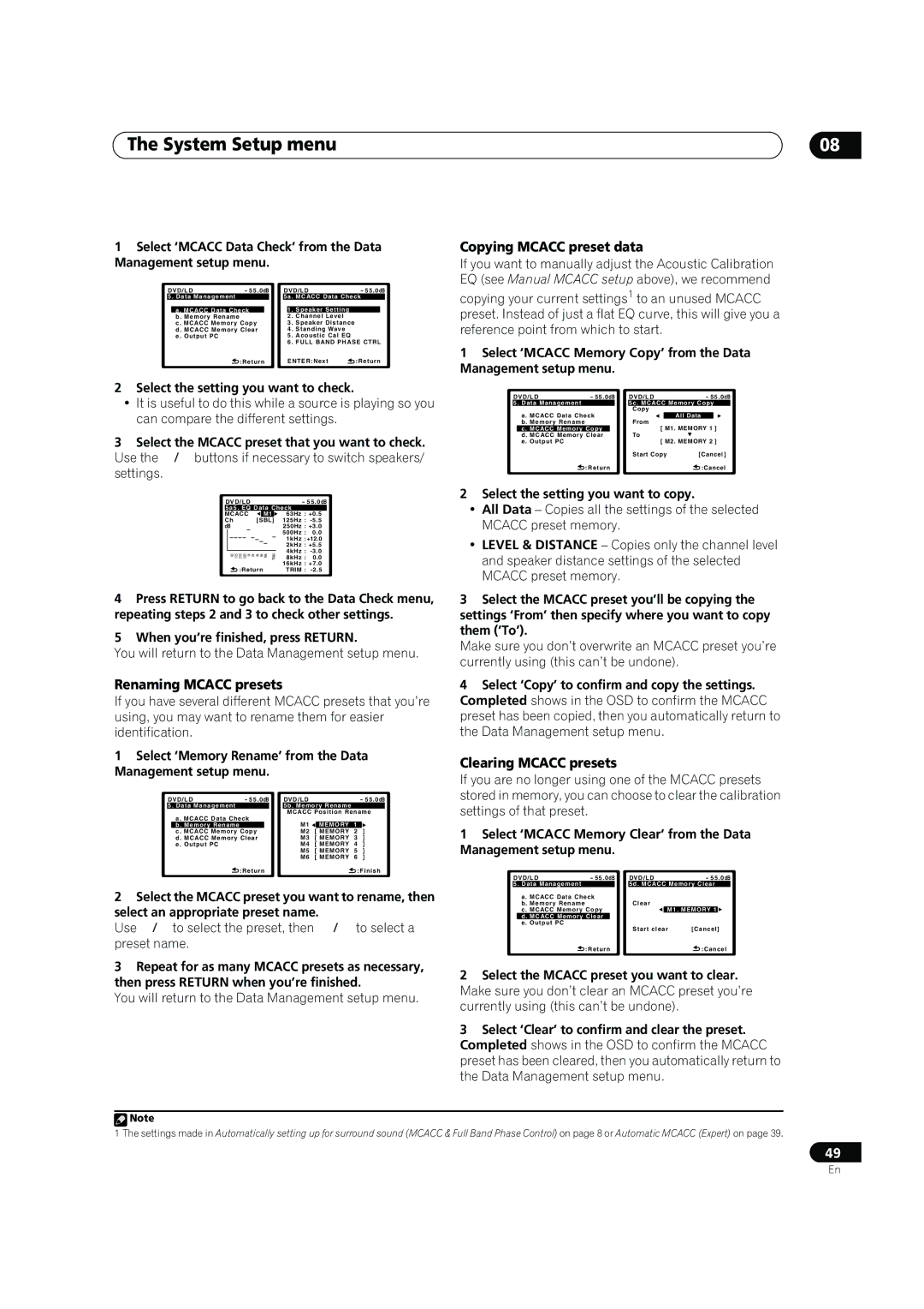 Pioneer VSX-LX60 operating instructions Copying Mcacc preset data, Renaming Mcacc presets, Clearing Mcacc presets 