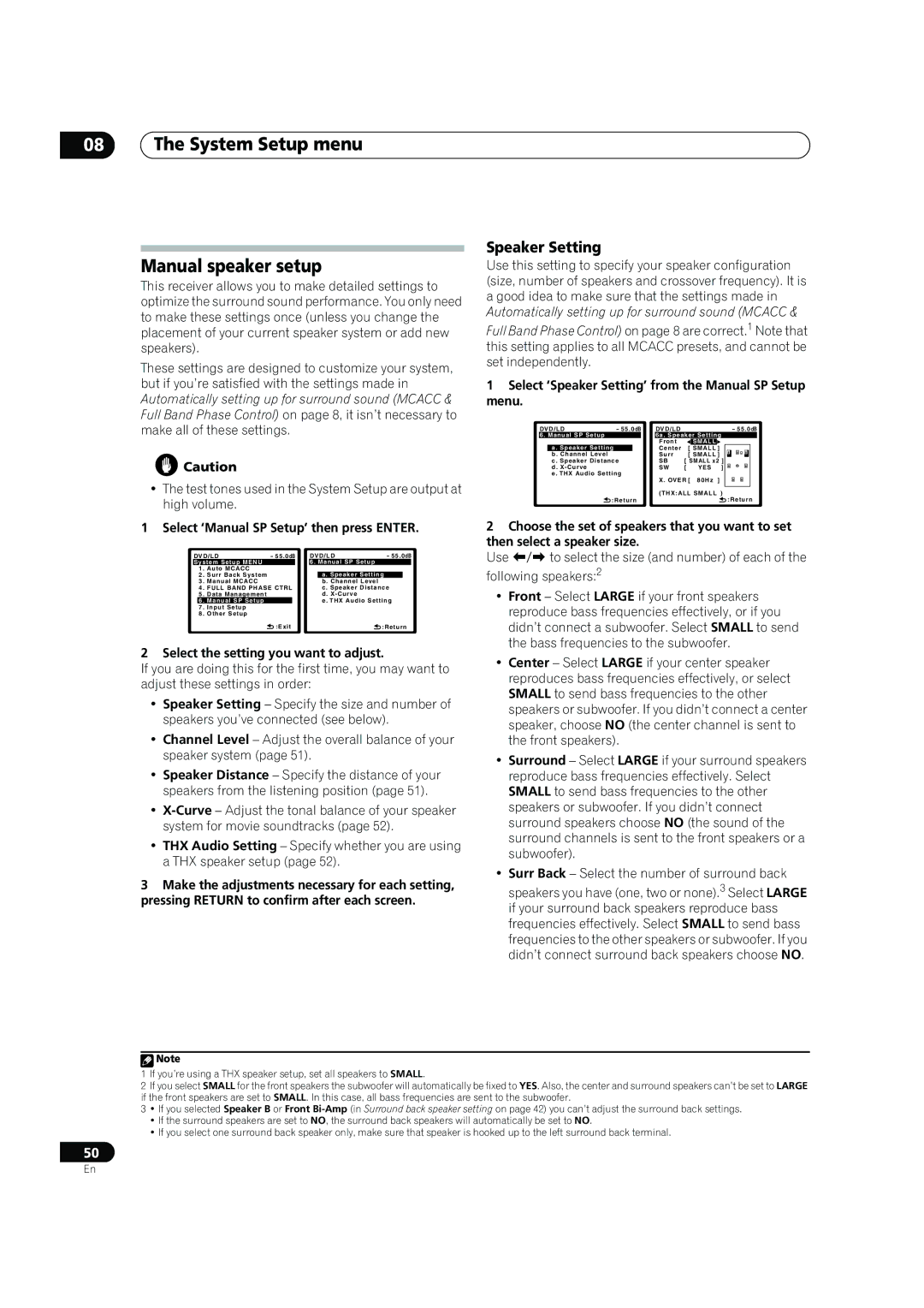 Pioneer VSX-LX60 System Setup menu Manual speaker setup, Speaker Setting, Select ‘Manual SP Setup’ then press Enter 