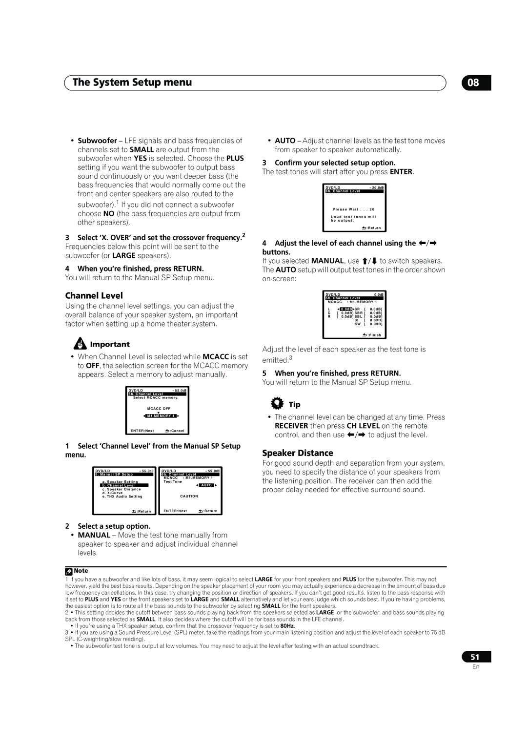 Pioneer VSX-LX60 operating instructions Channel Level, Speaker Distance 