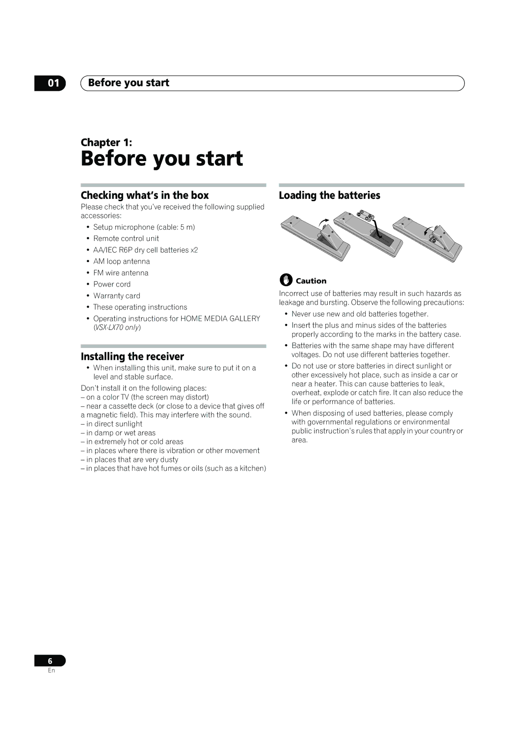Pioneer VSX-LX60 Before you start Chapter, Checking what’s in the box, Installing the receiver, Loading the batteries 