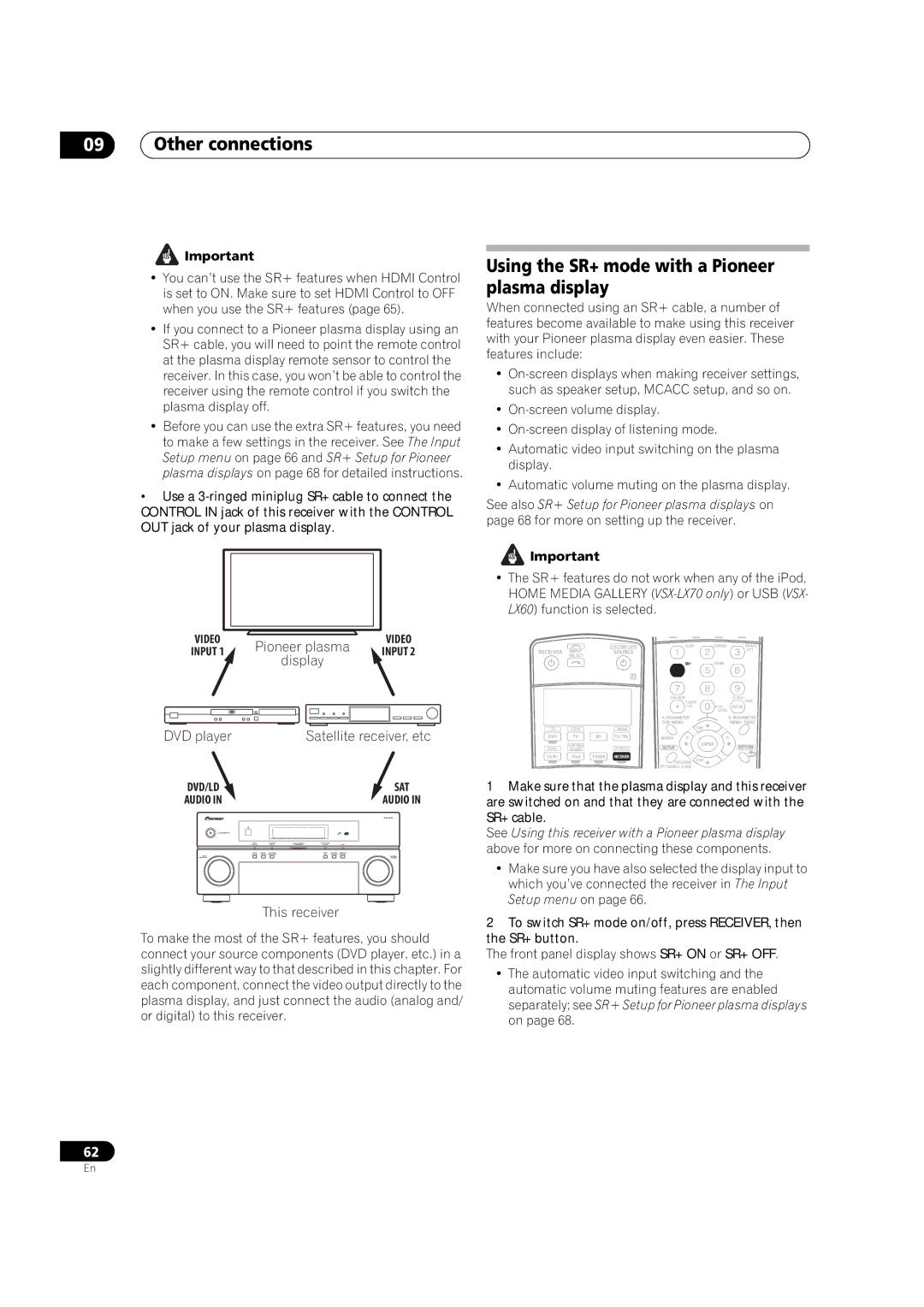 Pioneer VSX-LX60 operating instructions Using the SR+ mode with a Pioneer plasma display, Display, Satellite receiver, etc 