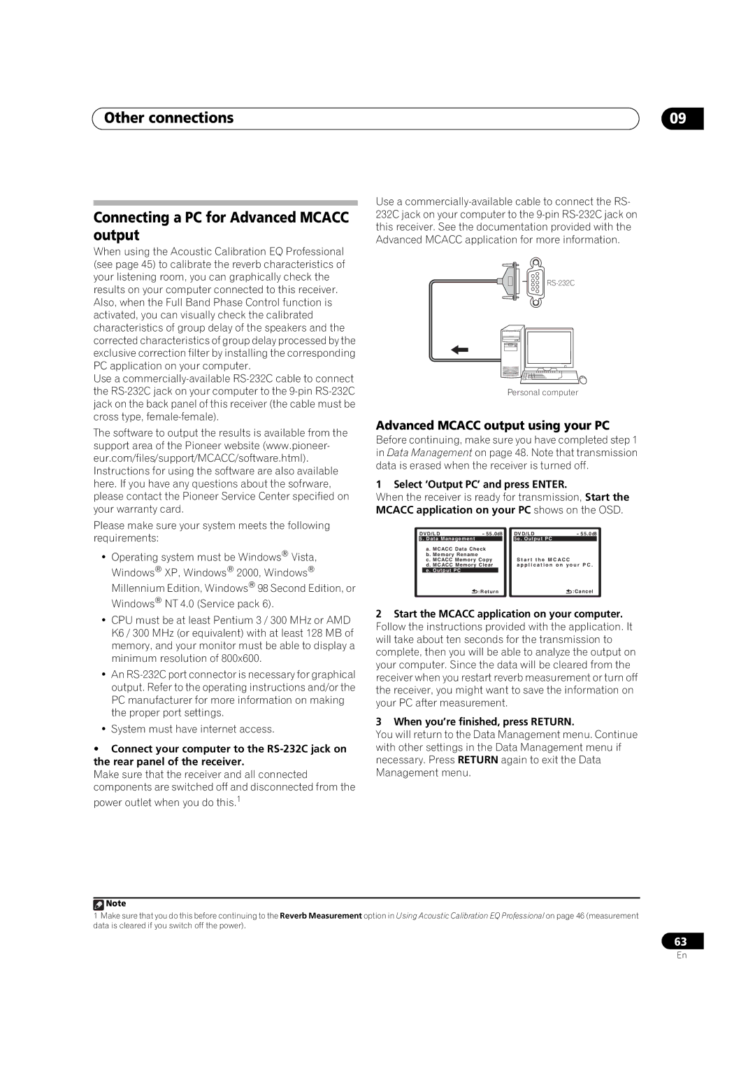 Pioneer VSX-LX60 Other connections Connecting a PC for Advanced Mcacc output, Advanced Mcacc output using your PC 