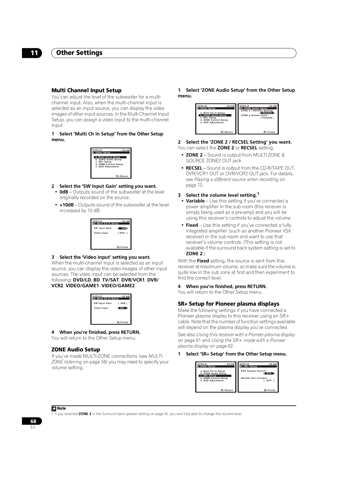 Pioneer VSX-LX60 Other Settings, Multi Channel Input Setup, Zone Audio Setup, SR+ Setup for Pioneer plasma displays 