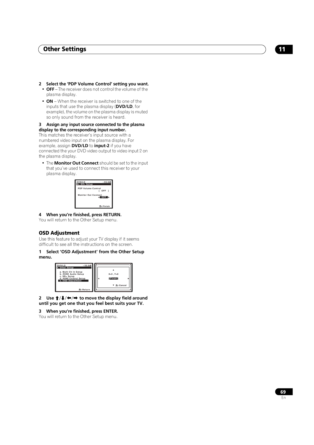 Pioneer VSX-LX60 OSD Adjustment, Select the ‘PDP Volume Control’ setting you want, You will return to the Other Setup menu 