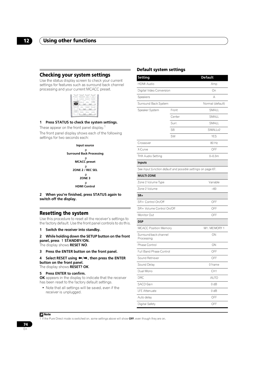 Pioneer VSX-LX60 Checking your system settings, Resetting the system, Default system settings, Setting Default 