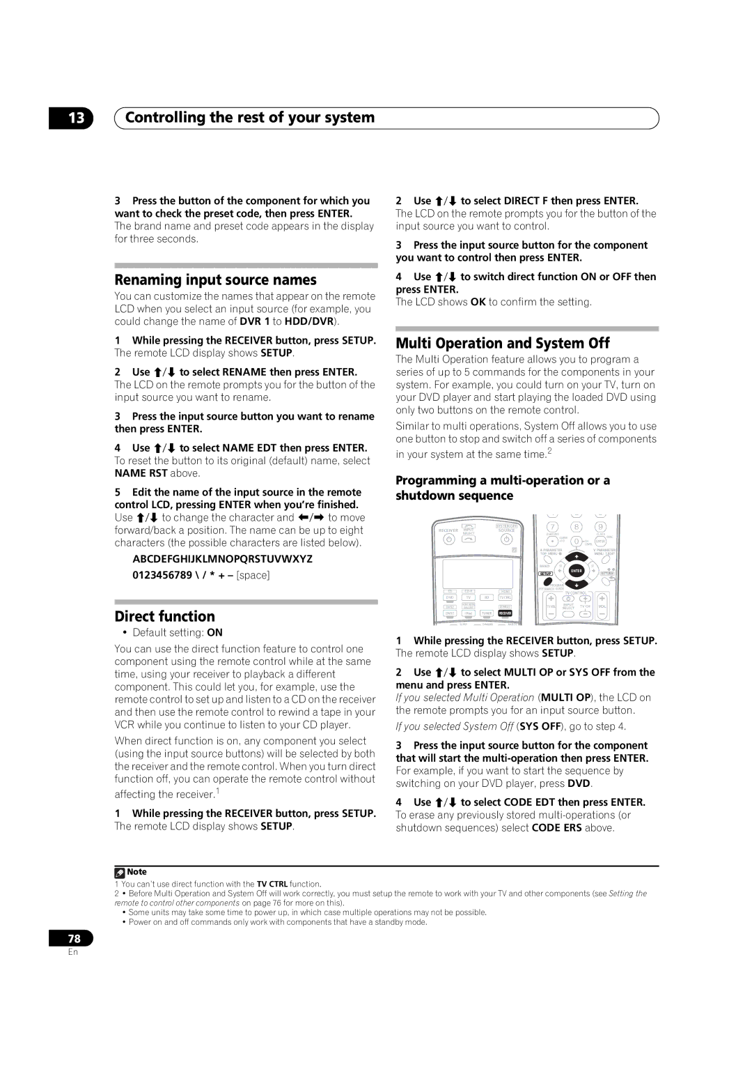 Pioneer VSX-LX60 operating instructions Renaming input source names, Multi Operation and System Off, Direct function 