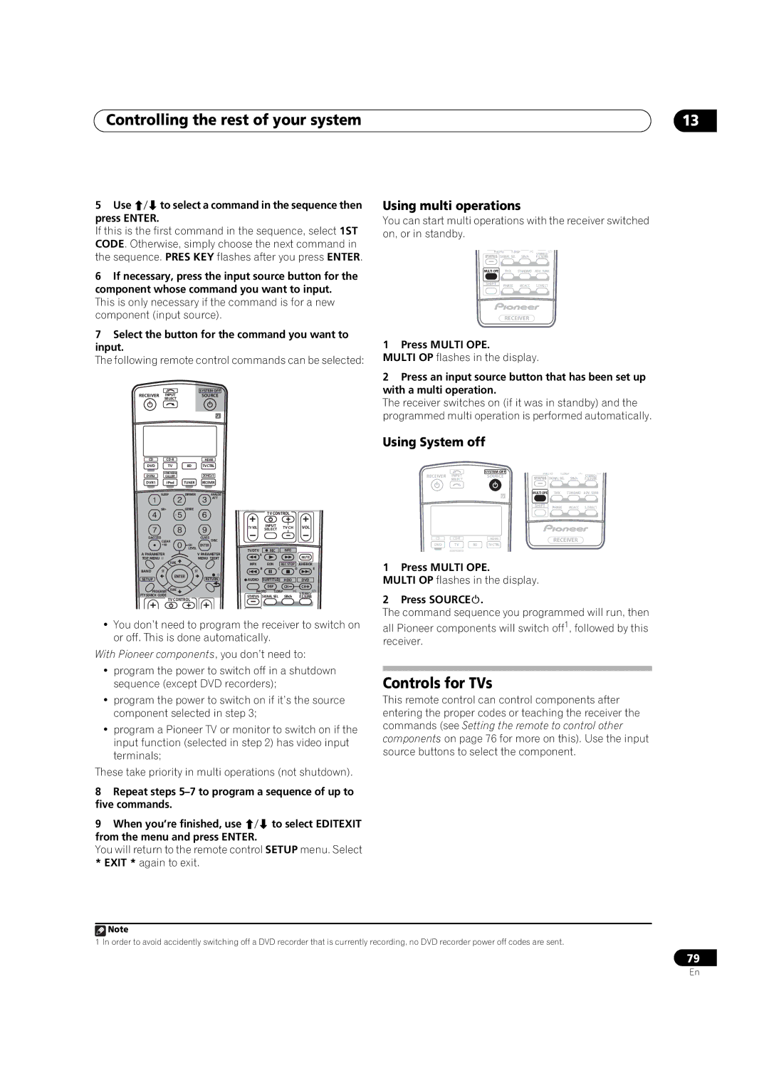 Pioneer VSX-LX60 operating instructions Controls for TVs, Using multi operations, Using System off 