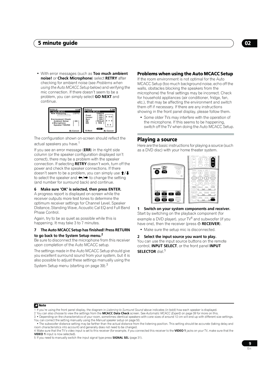 Pioneer VSX-LX60 operating instructions Minute guide, Playing a source, Problems when using the Auto Mcacc Setup 