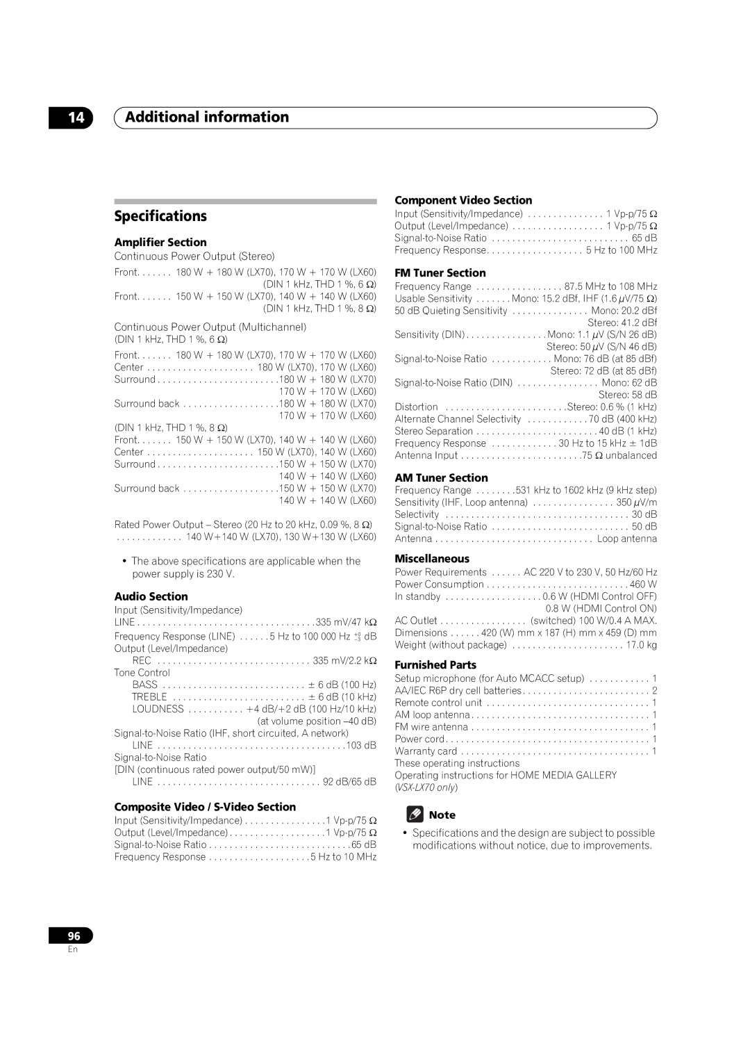 Pioneer VSX-LX60 operating instructions Additional information Specifications 