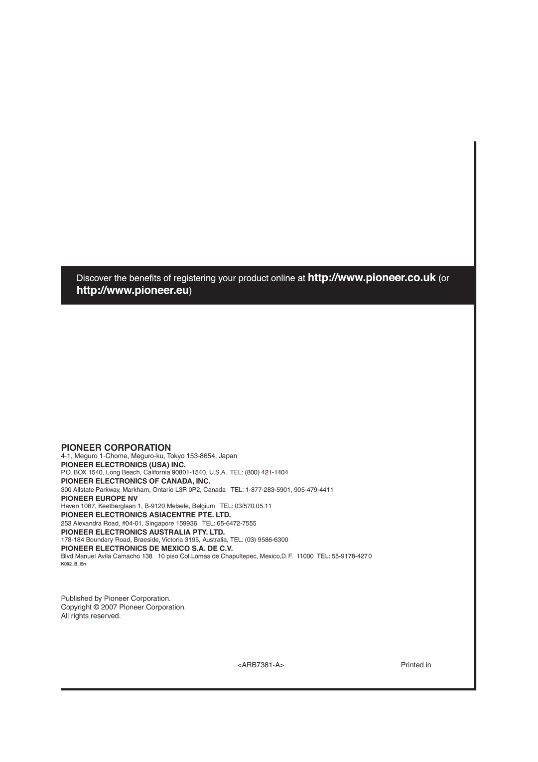 Pioneer VSX-LX60 operating instructions Pioneer Corporation 