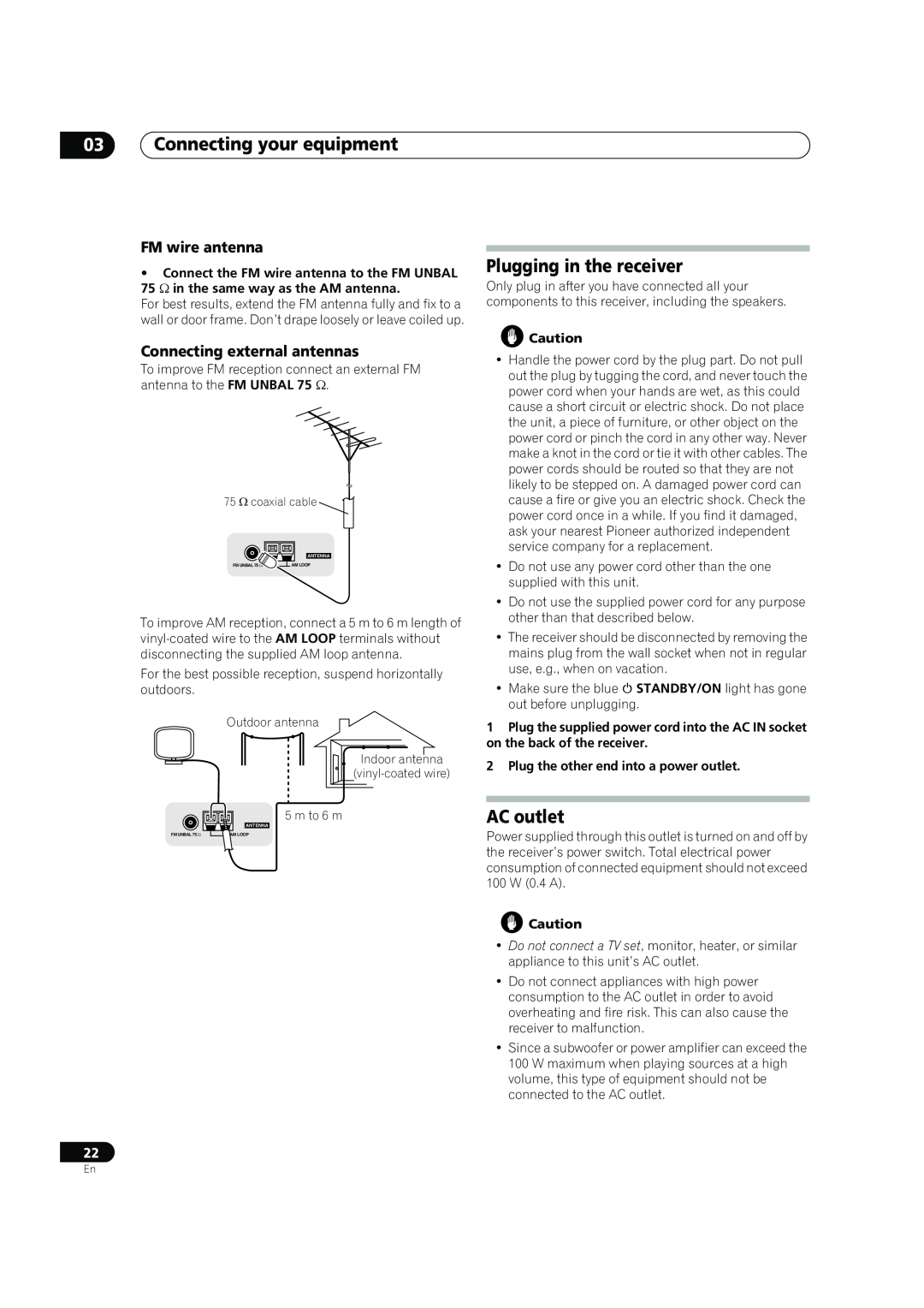 Pioneer VSX-LX60 operating instructions Plugging in the receiver, AC outlet, FM wire antenna, Connecting external antennas 