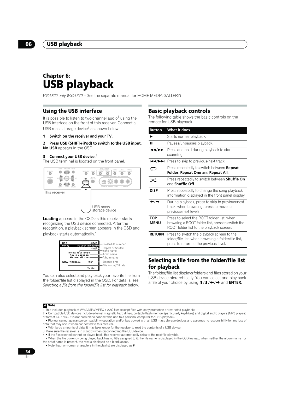 Pioneer VSX-LX60 06USB playback Chapter, Using the USB interface, Basic playback controls, Button What it does 