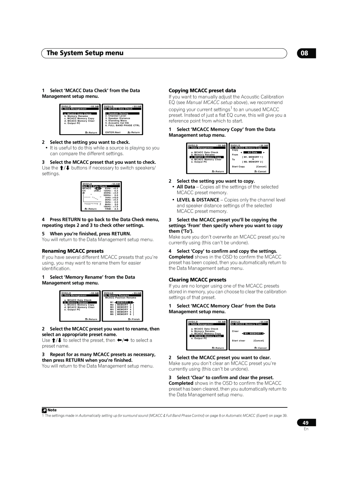 Pioneer VSX-LX60 Copying MCACC preset data, Renaming MCACC presets, Clearing MCACC presets, The System Setup menu 