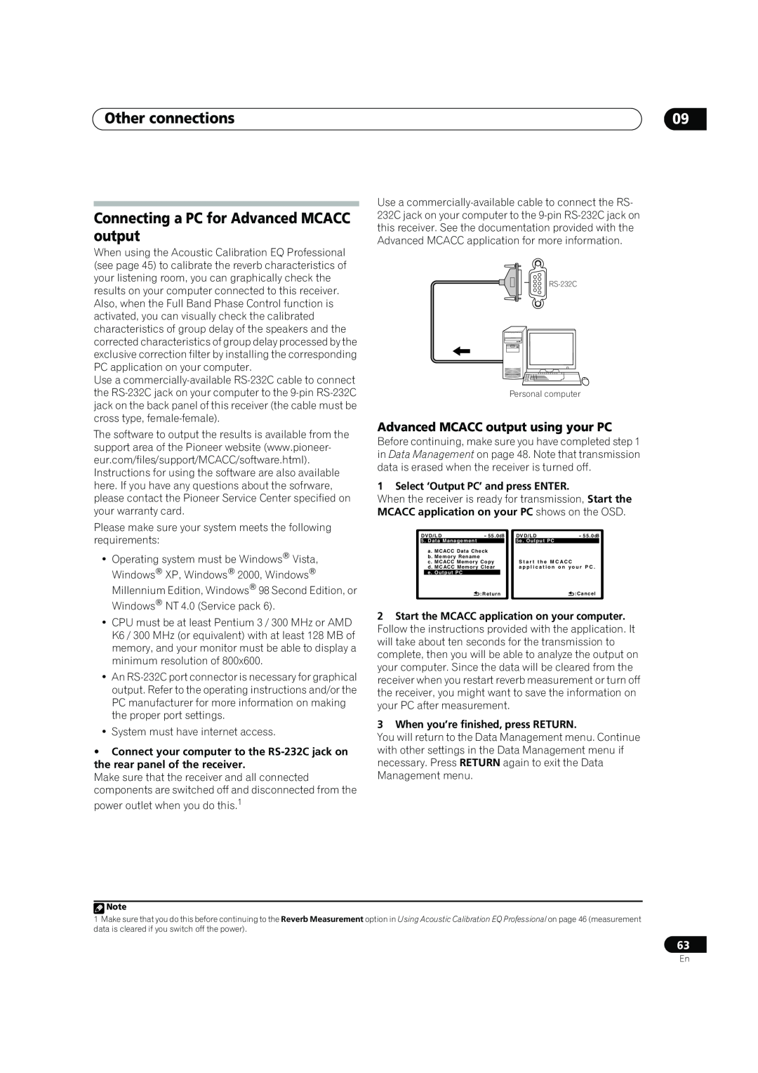 Pioneer VSX-LX60 Connecting a PC for Advanced MCACC output, Advanced MCACC output using your PC, Other connections 