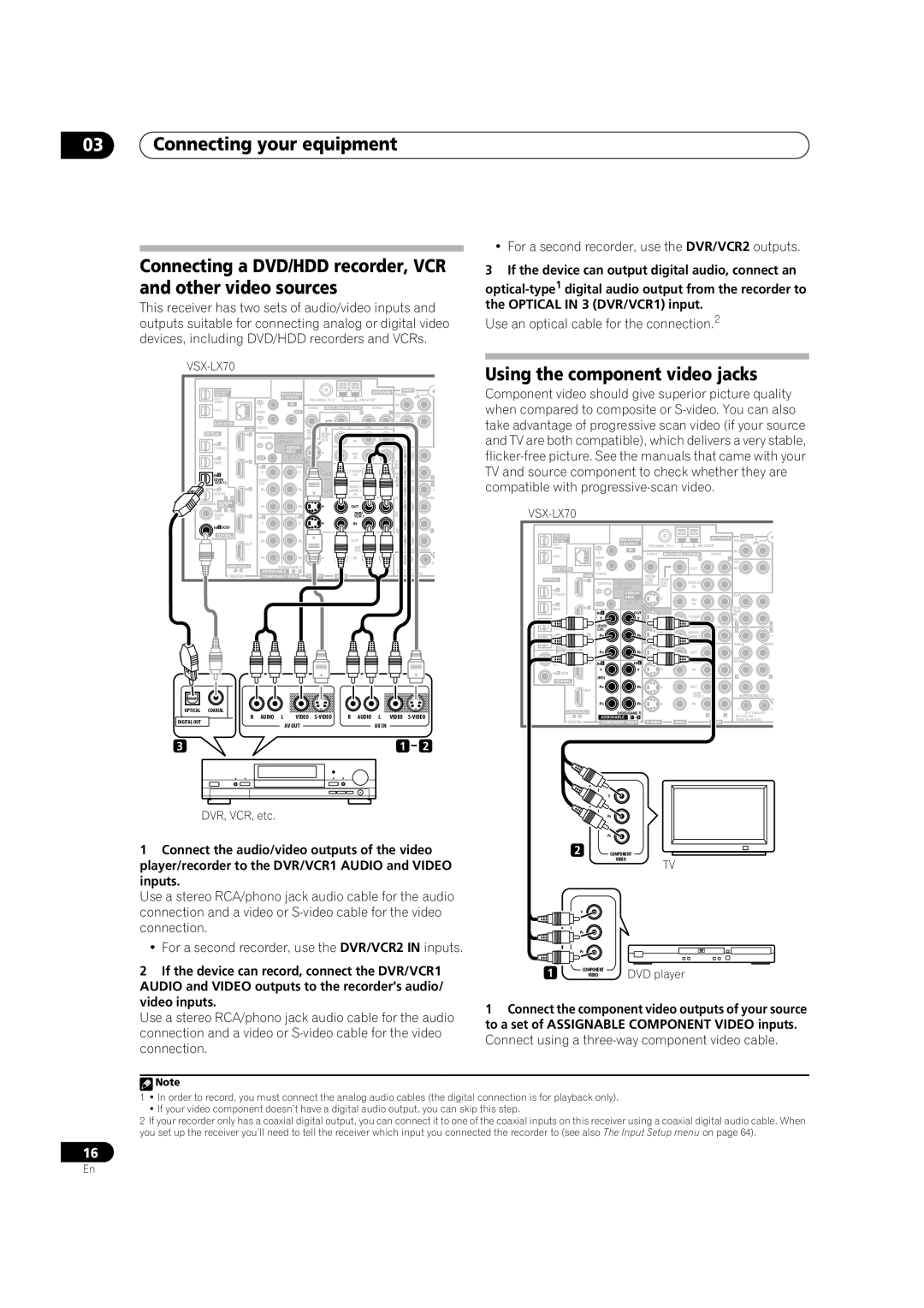 Pioneer VSX-LX70 manual Connecting a DVD/HDD recorder, VCR, For a second recorder, use the DVR/VCR2 in inputs 