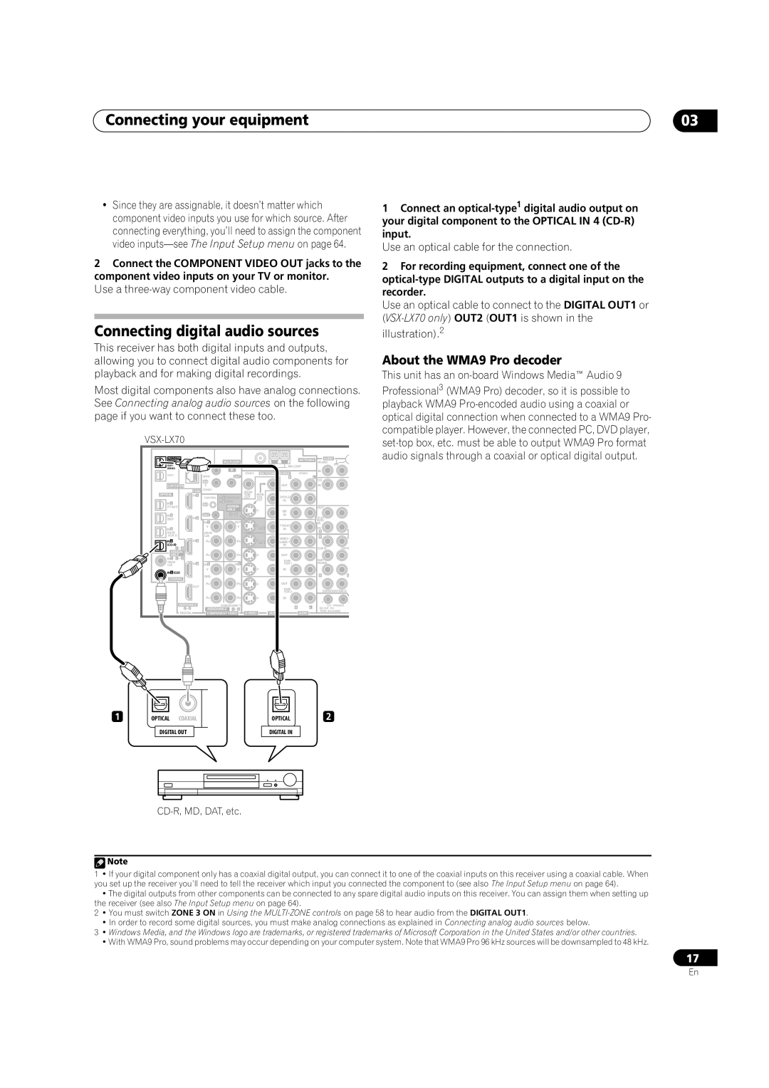 Pioneer VSX-LX70 manual Connecting digital audio sources, About the WMA9 Pro decoder, Use a three-way component video cable 