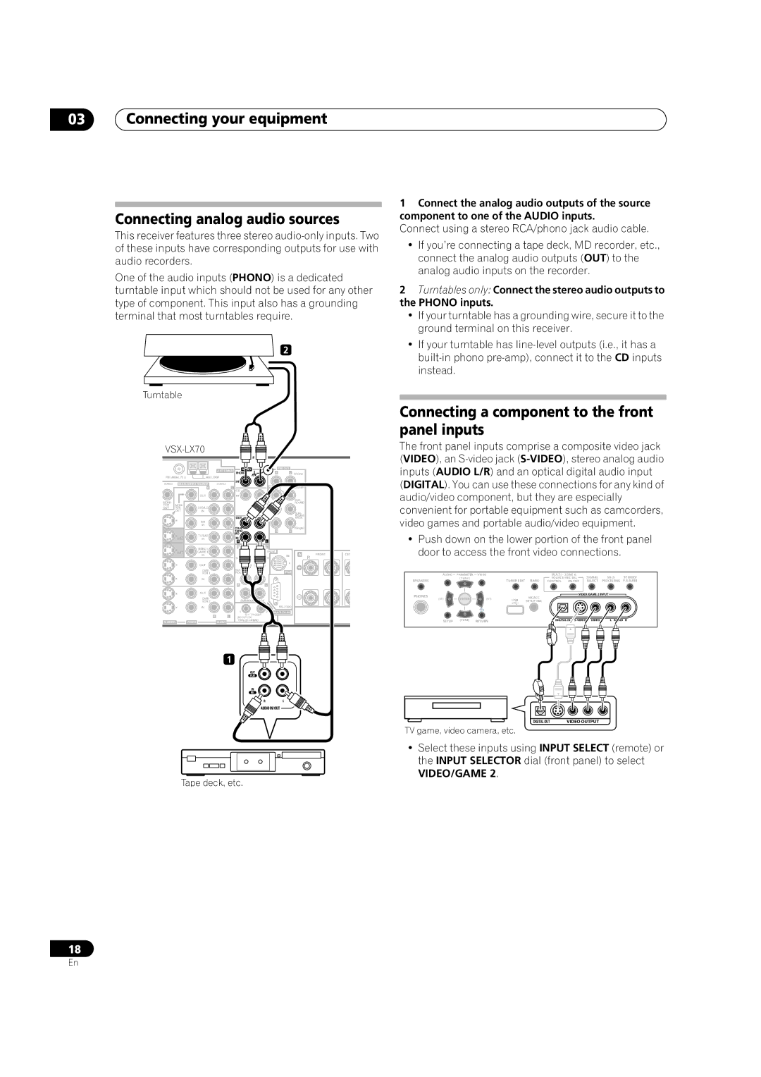 Pioneer VSX-LX70 manual Connecting your equipment Connecting analog audio sources, TV game, video camera, etc 