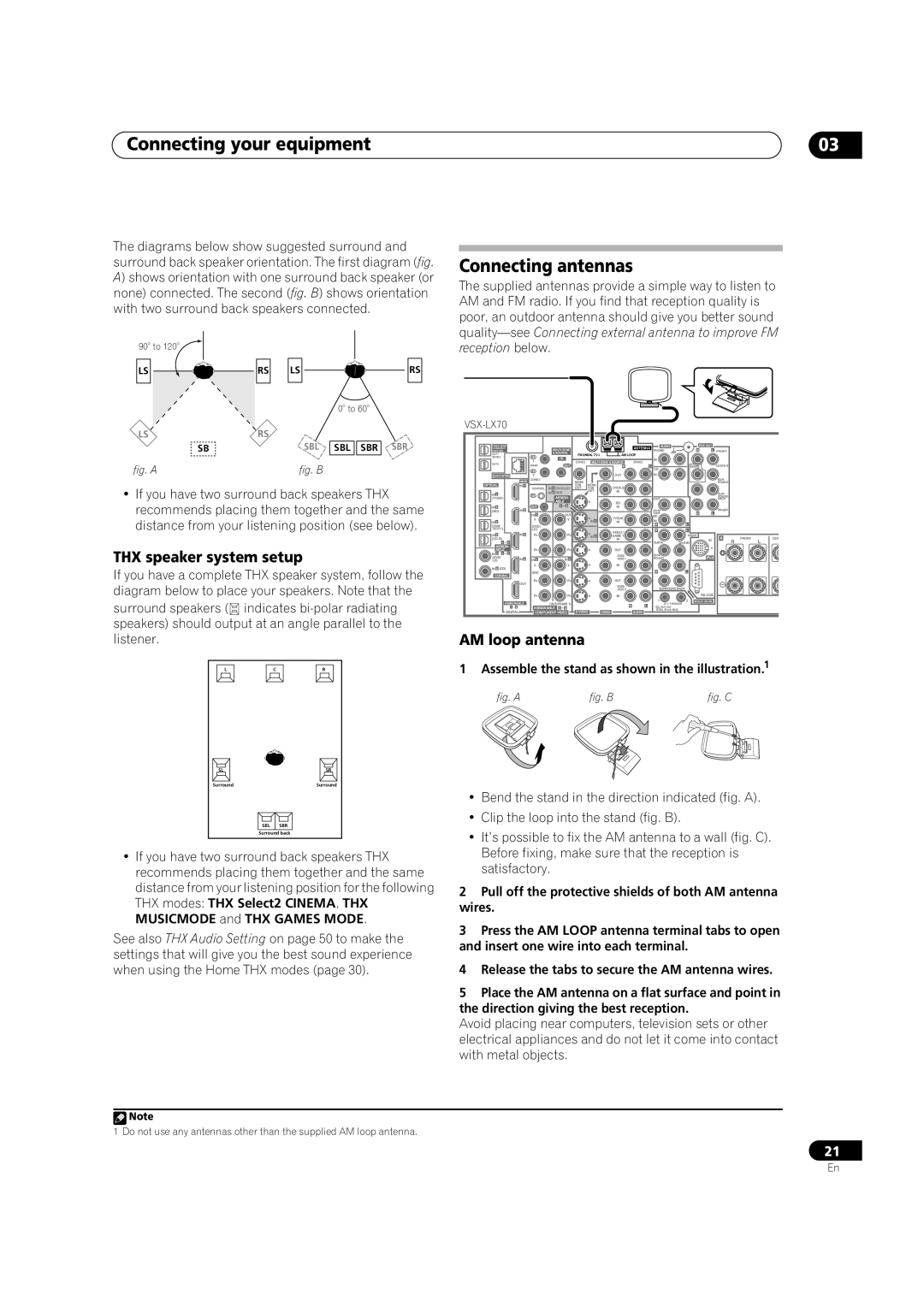 Pioneer VSX-LX70 manual Connecting antennas, THX speaker system setup, AM loop antenna 